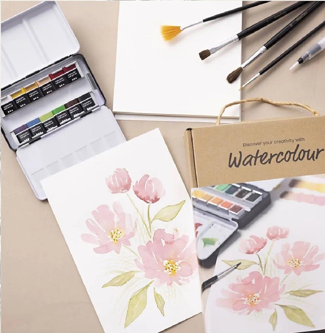 Creotime Kreativset Watercolour Aquarell-Set für Einsteiger, (Komplett-Set, 7-tlg), inkl. Videoanleitungen
