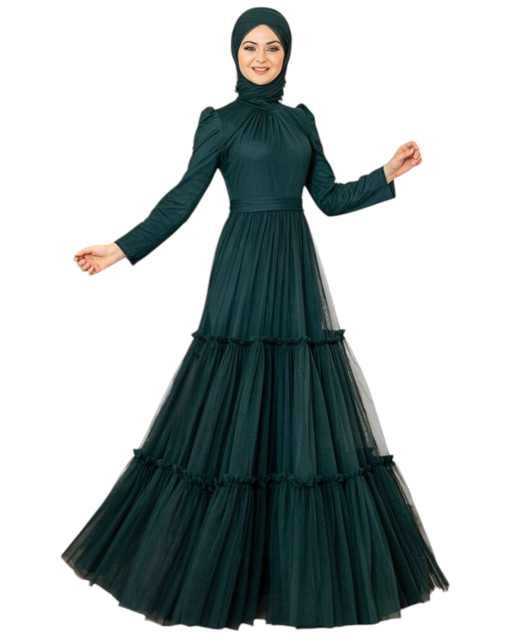 Modavitrini Abendkleid Tüllkleid mit Rüschenrock Hijab Kleid Abiye Abaya Maxikleid Mehrlagiger Tüllrock, eleganter Maxischnitt, blickdichtes Unterkleid