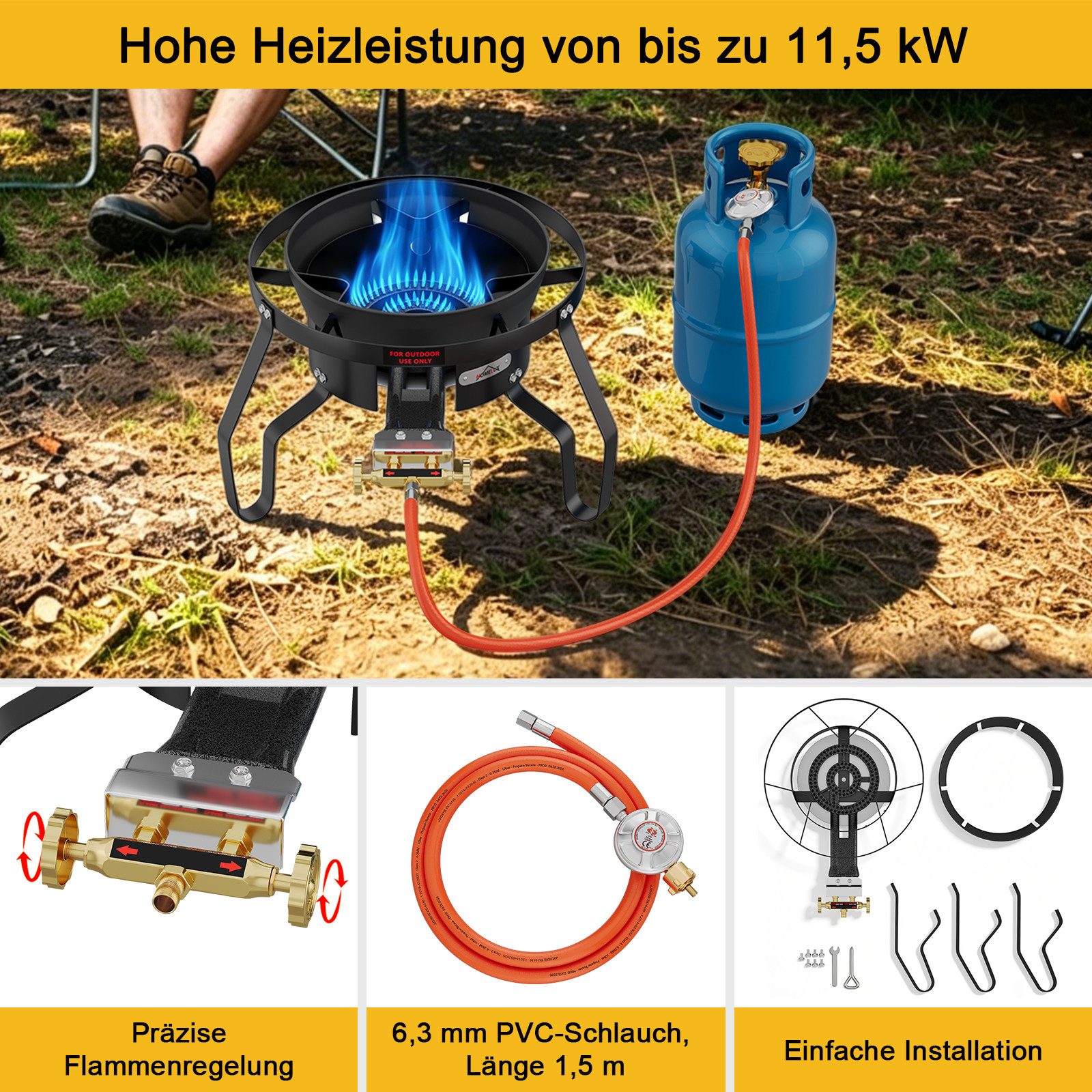 HOMELUX Gaskocher Gas-Hockerkocher 11,5 kW mit Piezozündung, (3-St., mit Schlauch 150 cm und 700 mbar Gas Regler Druckminderer), 3 Bein Profi Gasbrenner Gusseis – Bild 4 von 5