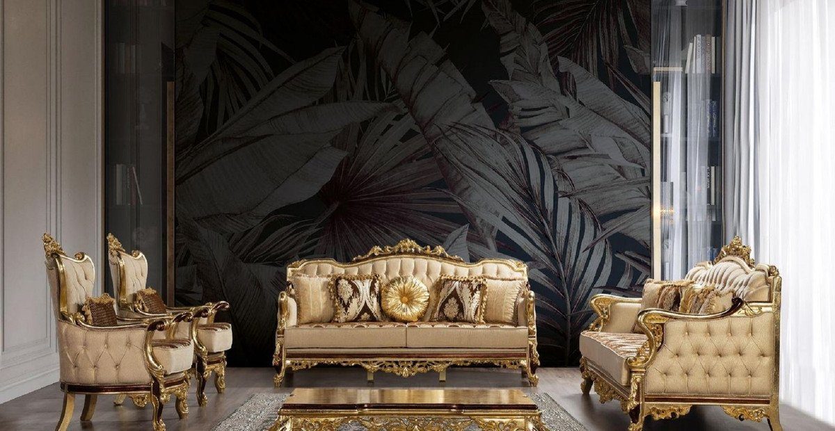 Wohnzimmer / Luxus Sessel Gold / Padrino Wohnzimmer Casa Möbel - Braun Sessel Muster Prunkvoller mit - Beige Barock Barock Sessel