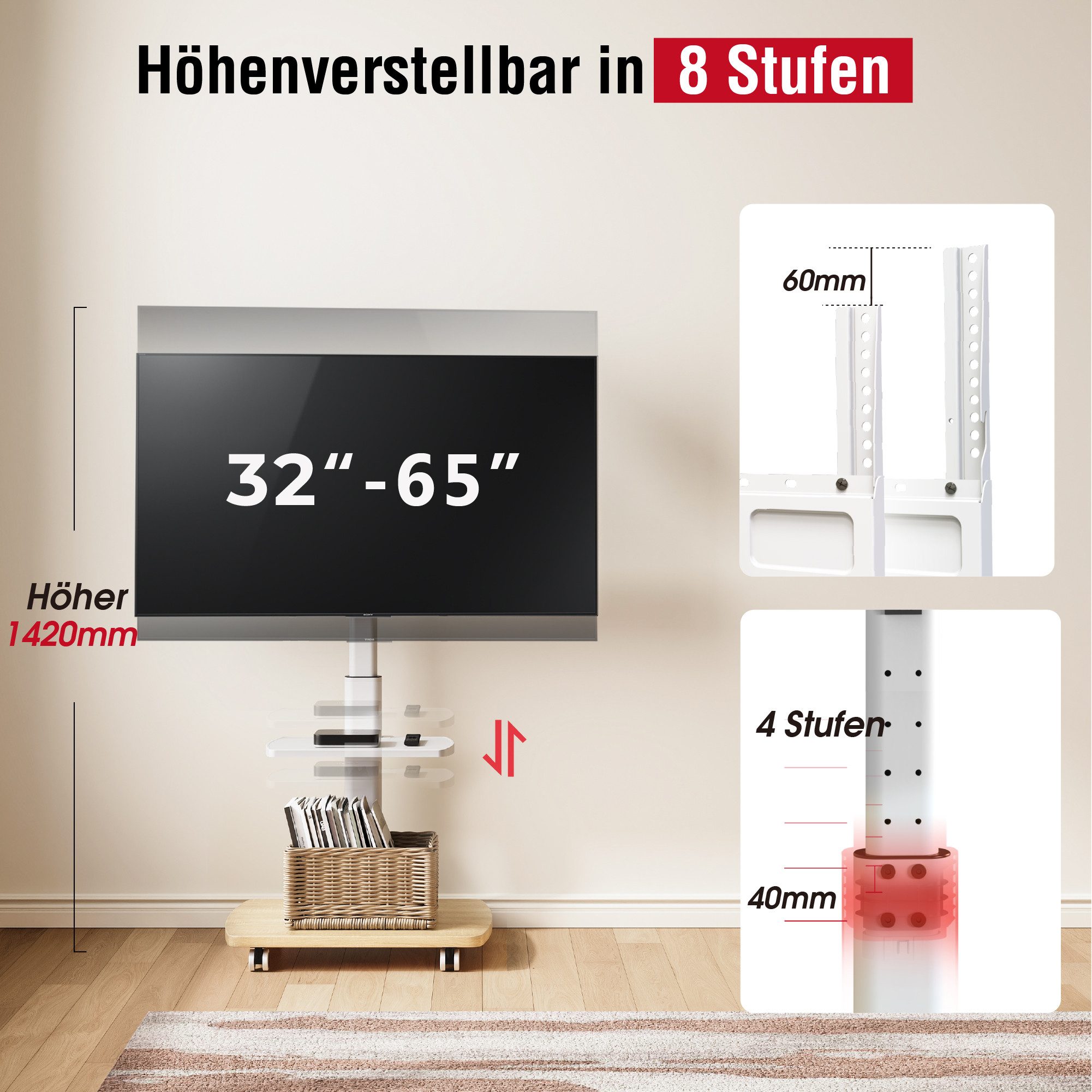 AOKCOS TV-Ständer, (bis 65 Zoll, mit Holzablage & Regal)