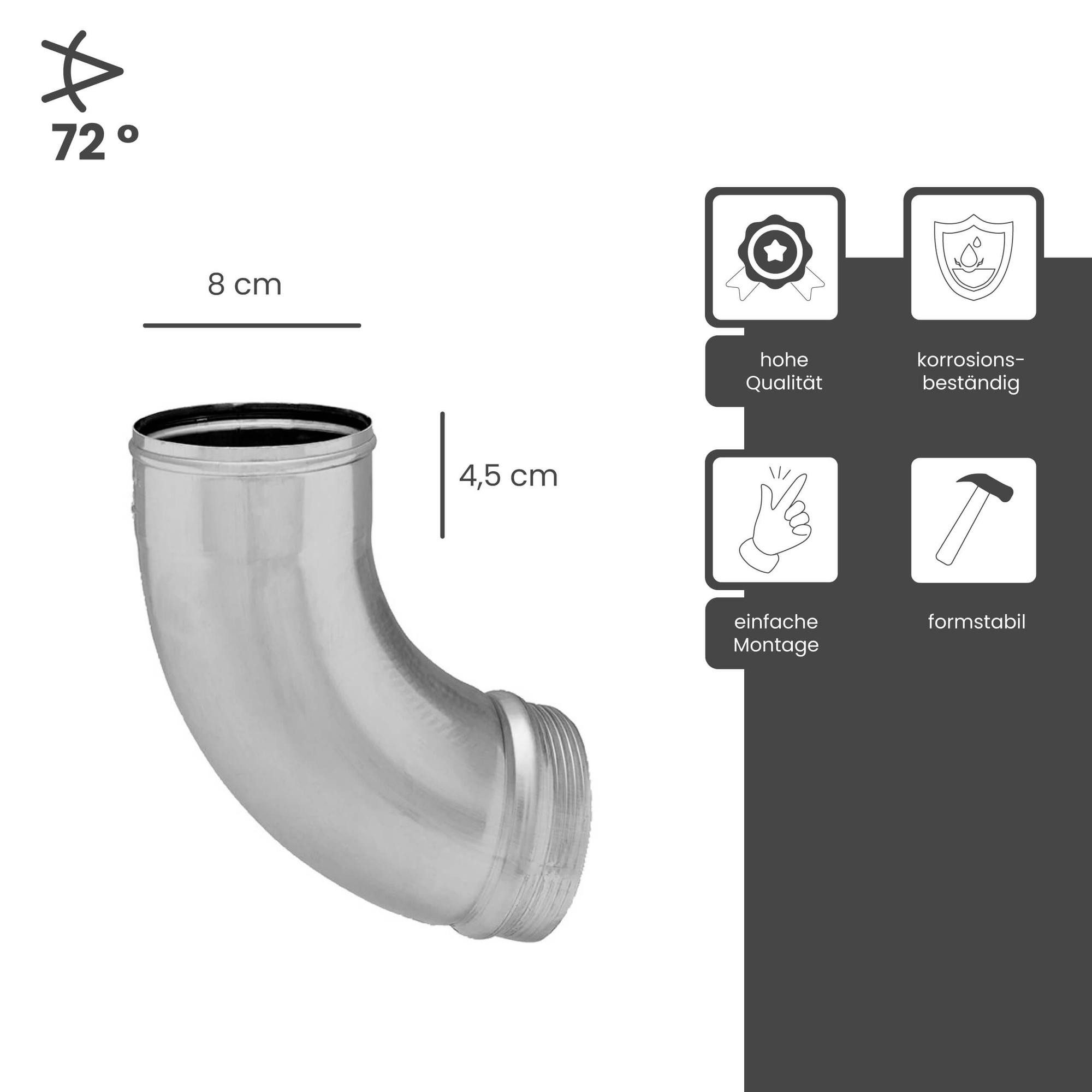 Zambelli Regenfallrohr, (Fallrohrbogen 72 Grad verzinkt, mit Wulst DN 80 Silber), Rohrbogen hoher Korrosionsschutz, einfache Montage ohne löten