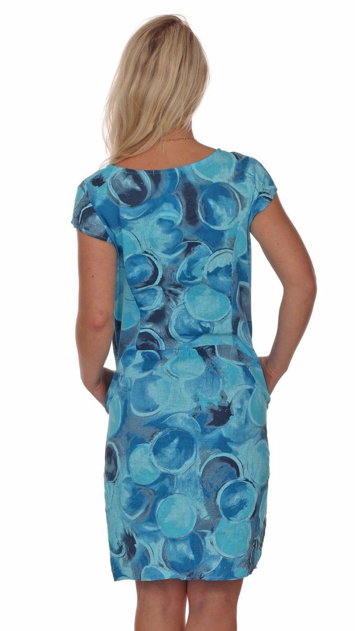 Charis Moda A-Linien-Kleid Leinenkleid Sommerkleid Blau Kurzarm Rotondi Belli