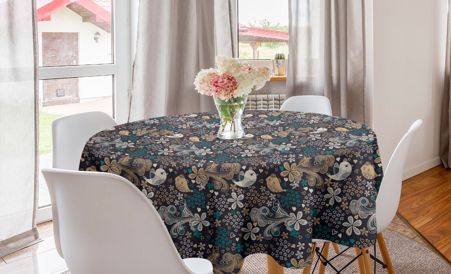 Abakuhaus Tischdecke Kreis Tischdecke Abdeckung für Esszimmer Küche Dekoration, Blumen Blumen Herzen und Vögel