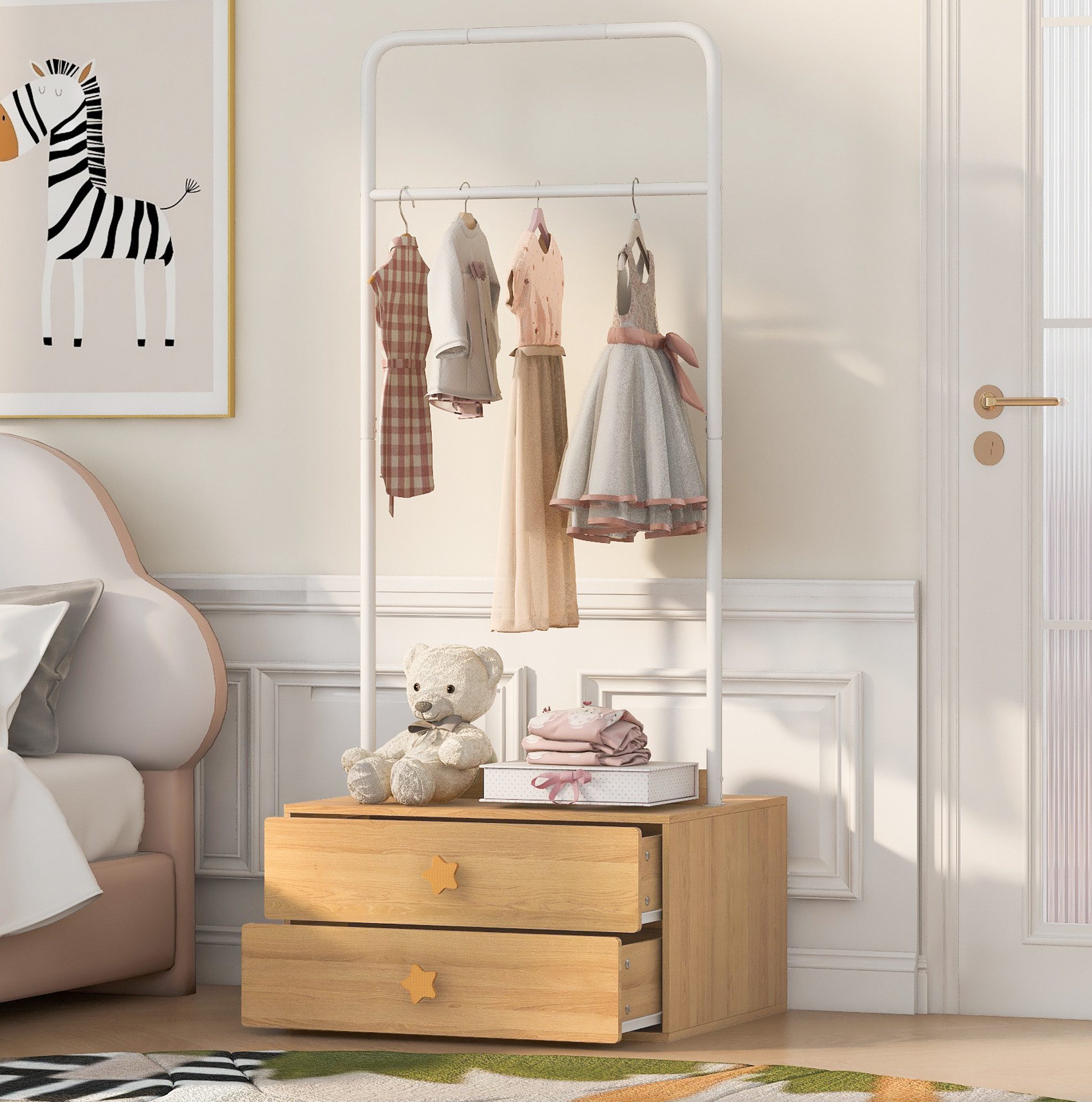 MODFU Kleiderschrank Garderobe mit Schubladen (großen Aufhänghaken und einzigartigen Sternknöpfen, Kleiderständer für Eingangsbereich und Wohnräume, Schrank Schlafzimmerschrank)
