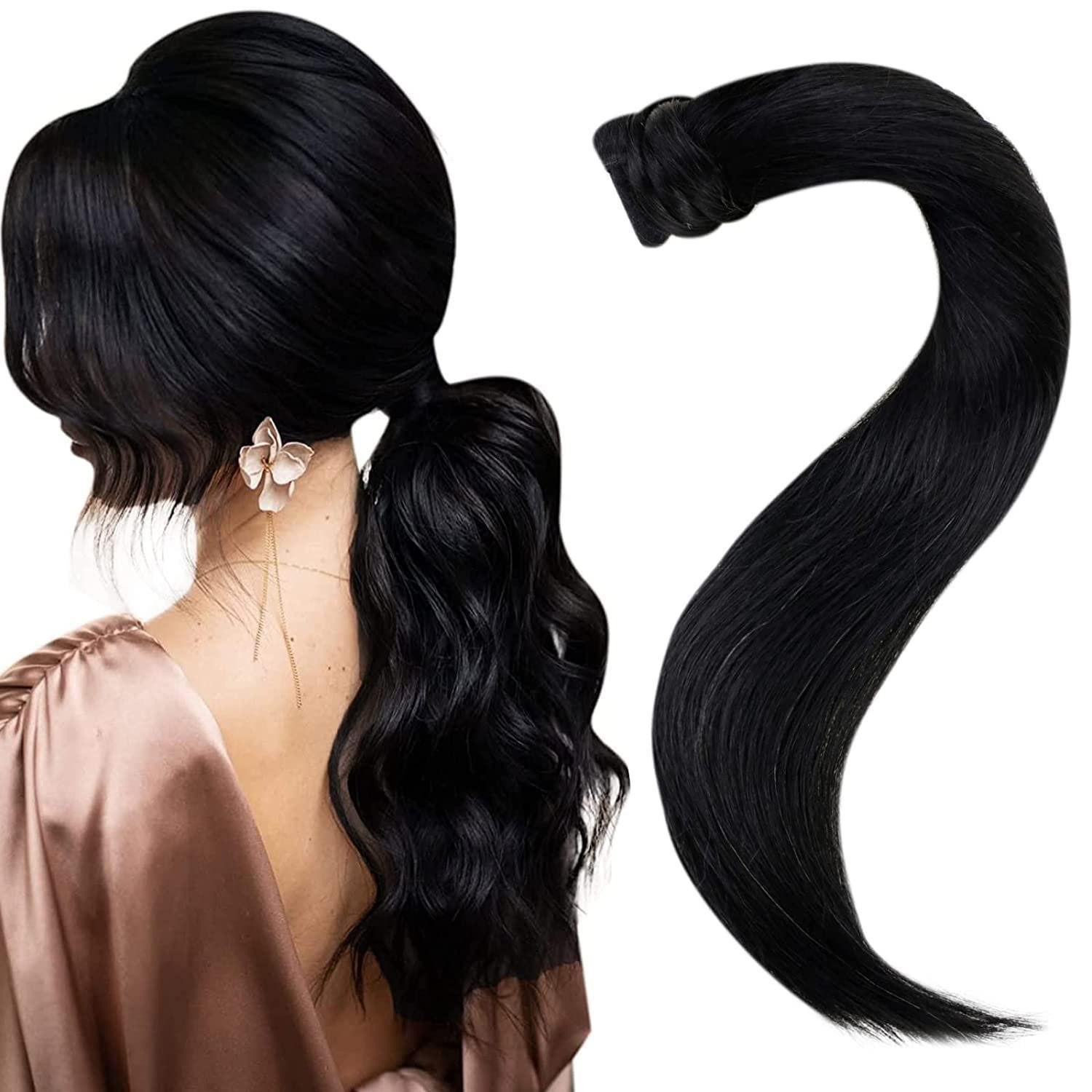 LuxusKollektion Echthaar-Extension Pferdeschwanz Echthaar Remy Zopf Extension Schwarz 70g 35 cm 1-34 PY#1