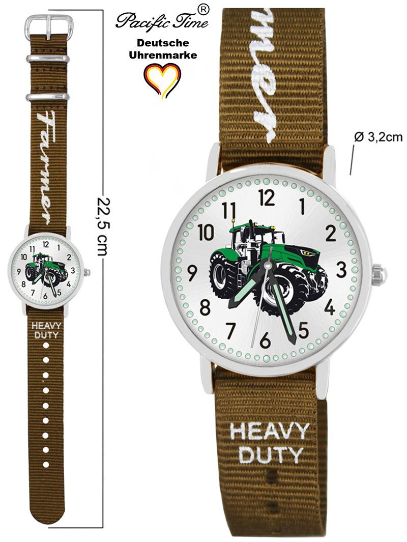 Pacific Time Quarzuhr Kinder Armbanduhr Heavy grün Wechselarmband, Design Traktor - und Versand oliv Mix Match Duty Gratis