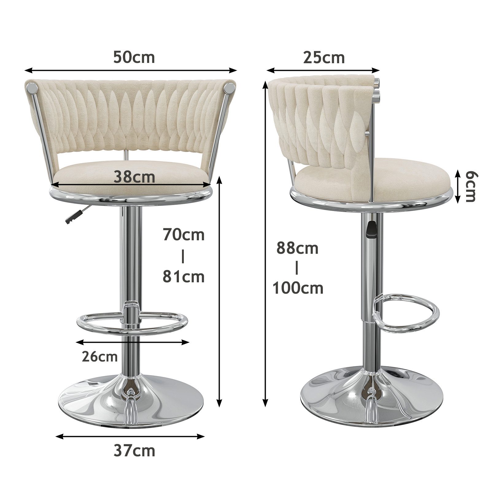 JEOBEST Barhocker Barstuhl aus Samt,Küchenhocker mit geflochtener Rückenlehne Fußstütze, (2er Set), 360°Drehbar, Höhenverstellbare
