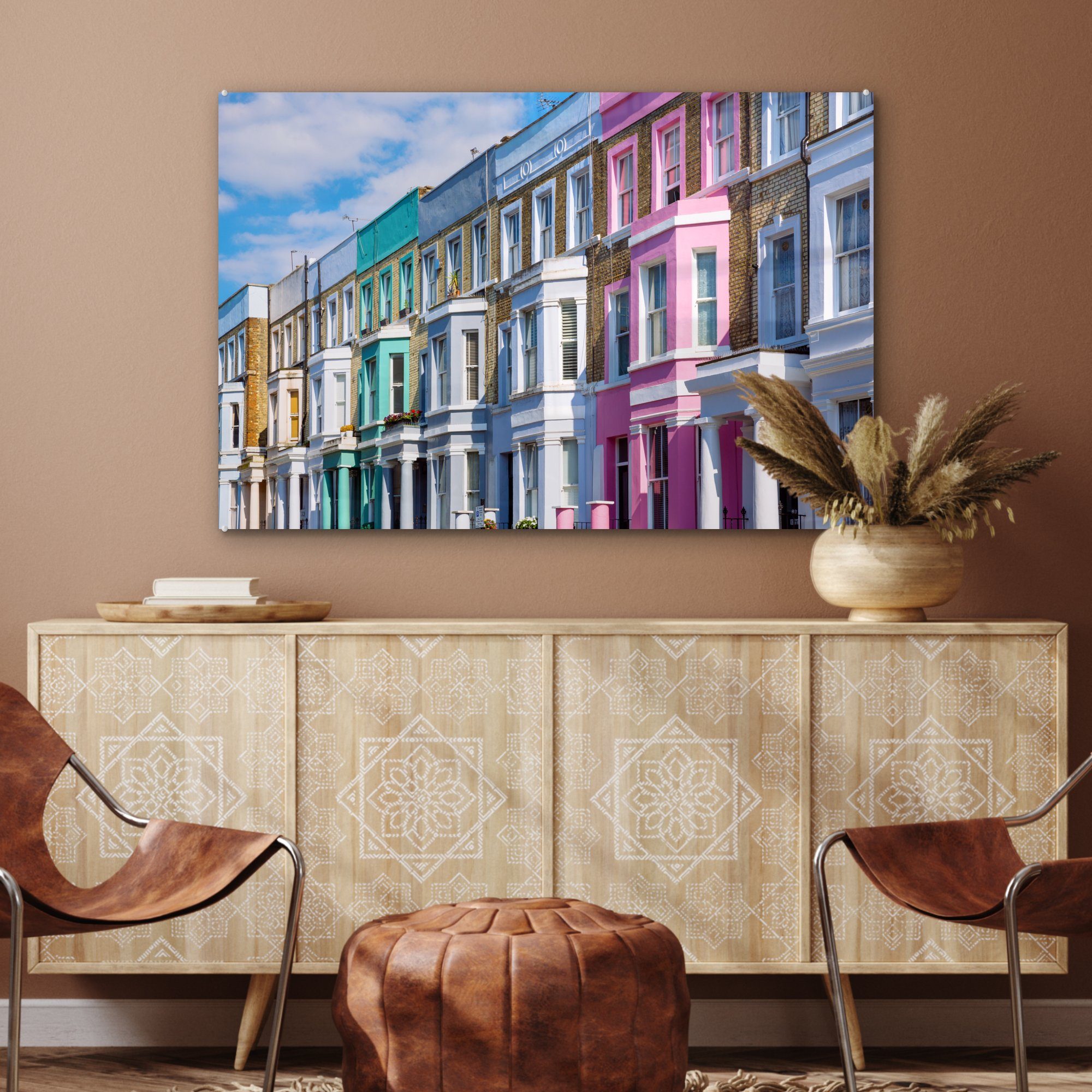 Acrylglasbilder London, Wohnzimmer Schlafzimmer Hill St), MuchoWow (1 Notting & Häuser Acrylglasbild in Farbenfrohe