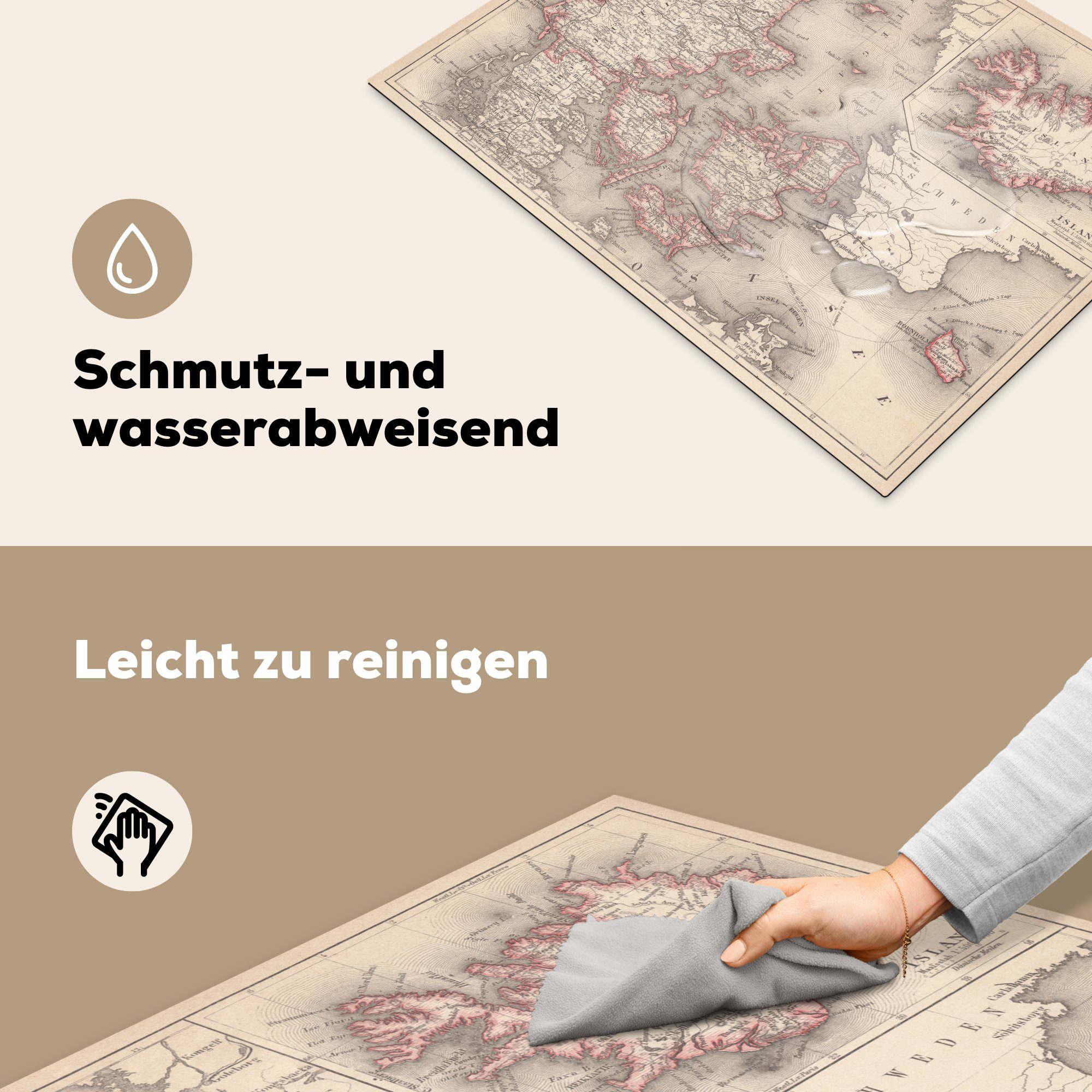 MuchoWow Herdblende-/Abdeckplatte Illustration einer Karte Arbeitsfläche Ceranfeldabdeckung Vinyl, nutzbar, Dänemark, 70x52 (1 tlg), cm, Mobile von antiken