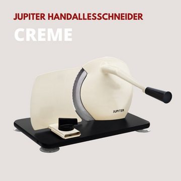 myJupiter Multifunktions-Küchenmaschine Hand-Allesschneider mit Vollholzplatte, Edelstahl Messer, retro Design altweiß