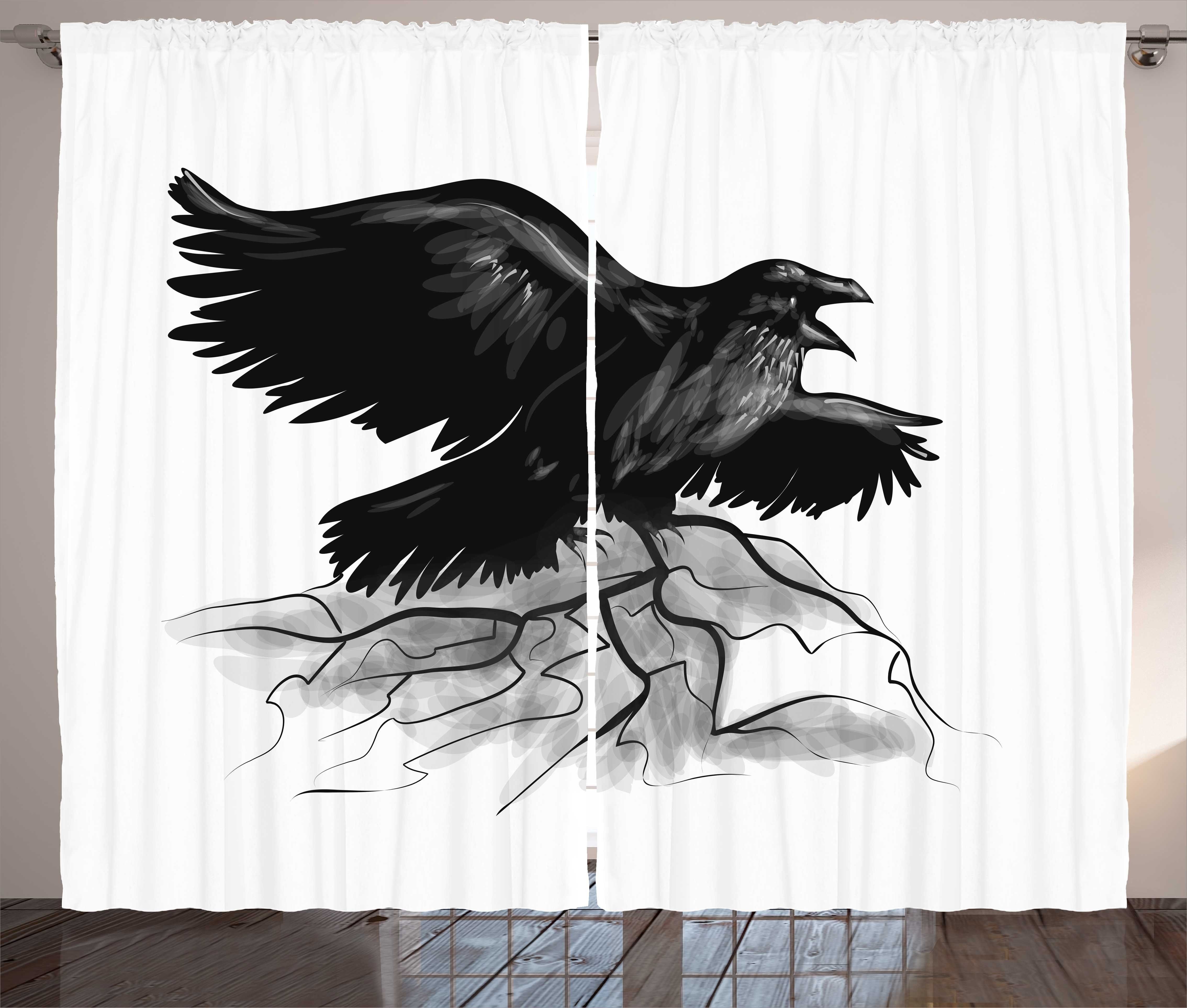 Gardine Schlafzimmer Kräuselband Vorhang mit Schlaufen und Haken, Abakuhaus, Schwarze Krähe Vogel Öffnen Flügel