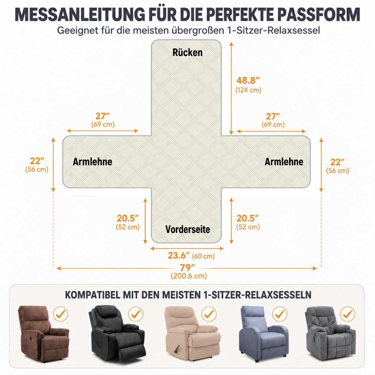 BlingBin Sesselschoner Sessel Überzug Rutschfest,Sesselbezug Fernsehsessel mit Taschen, 100% Wasserdicht, für Relaxsessel 1 Sitzer, Maschinenwaschbar – Bild 3 von 5