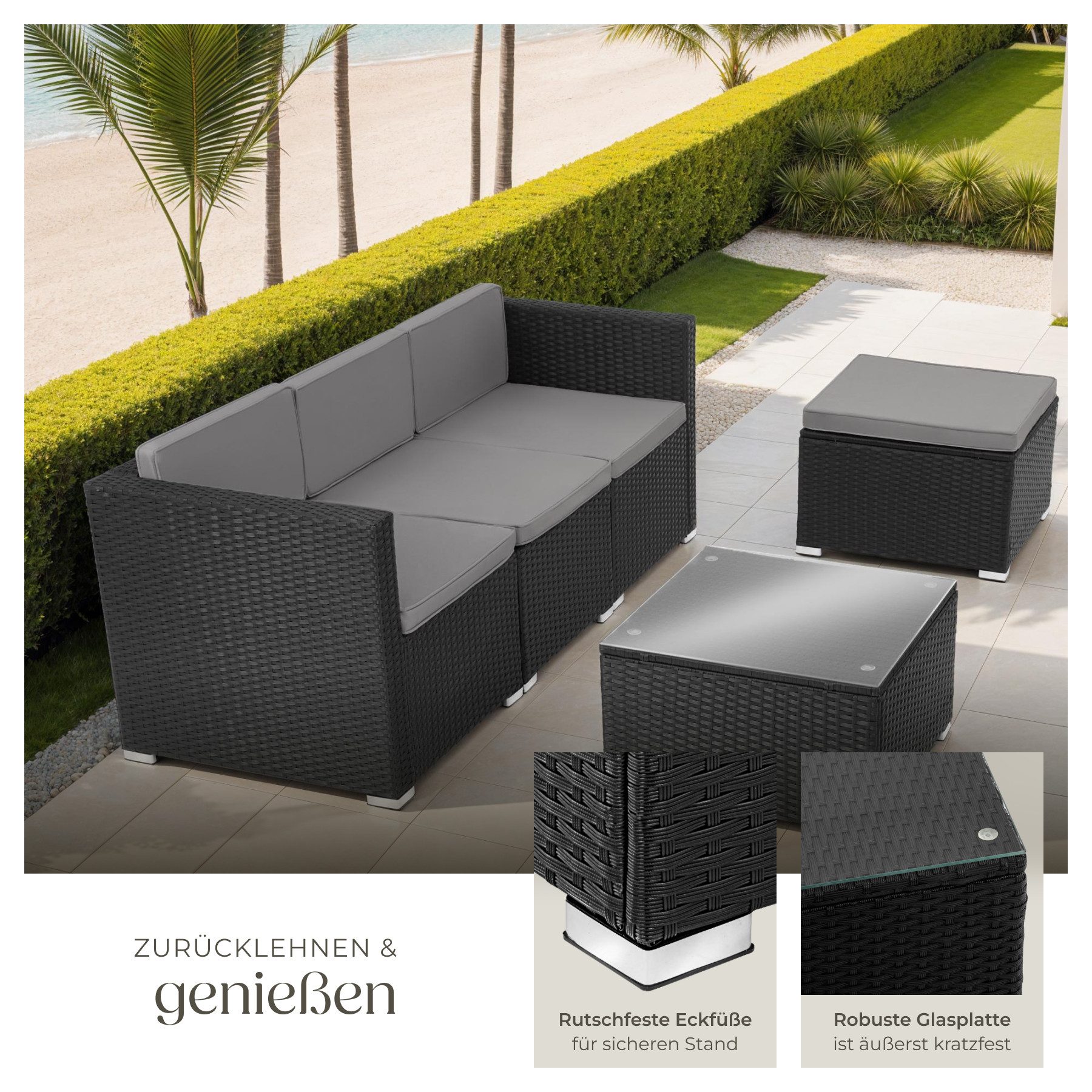 tectake Loungeset rattan Sitzgruppe Lignano mit Tisch aus Sicherheitsglas, (Polyrattan Lounge Lignano, 5-tlg., in schwarz), UV-beständiges Polyrattan, wasserabw – Bild 4 von 5