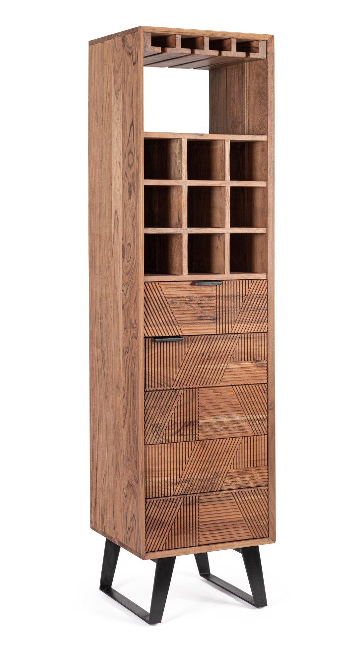 Feeling4Home Barschrank Isar aus Akazienholz, 180 cm Fronte aus handgefertigten Schnitzereien