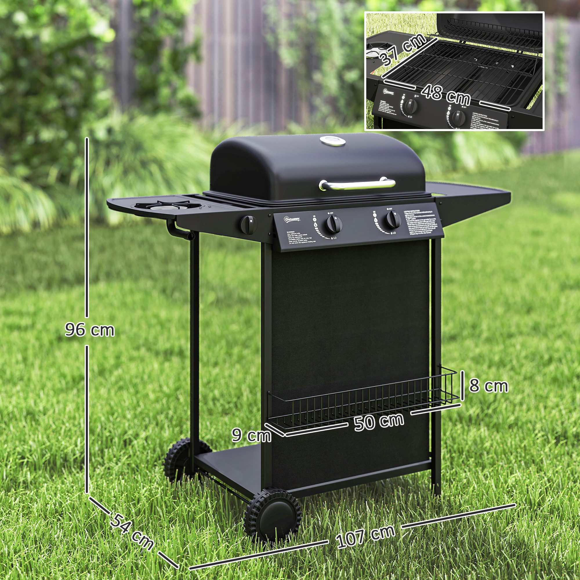Outsunny Gasgrill inkl 3 Brenner, Seitenkocher, Rolle, BBQ Gartengrill, 7 KW Grillwagen, mit Thermometer Seitenablagen, für Balkon, Grill 107 x 54 x 96 cm