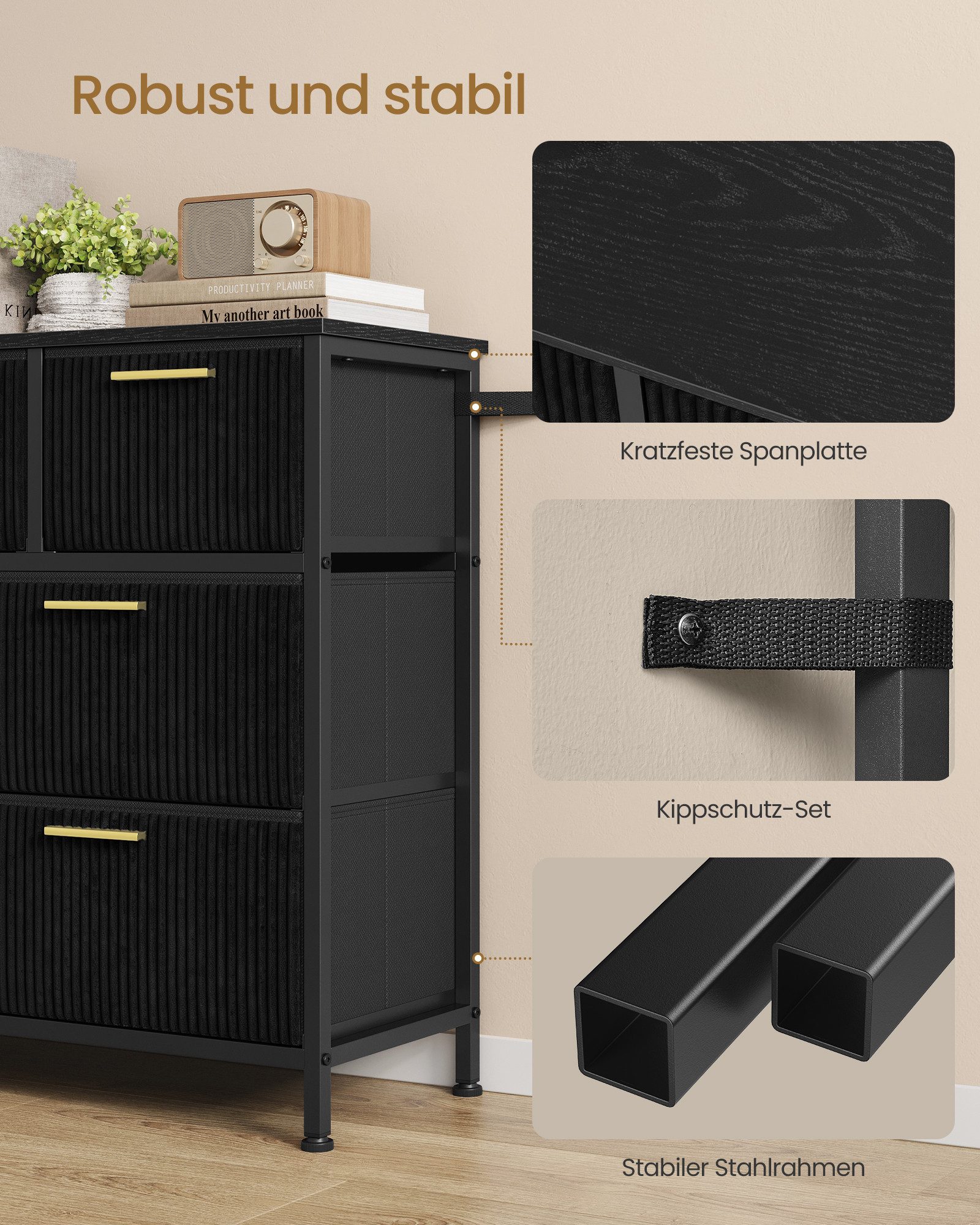 SONGMICS Kommode Wohnzimmerschrank im Cord-Design, Kommode mit 7 Schubladen, 98,7 x 30 x 74,7 cm, Tintenschwarz – Bild 5 von 5