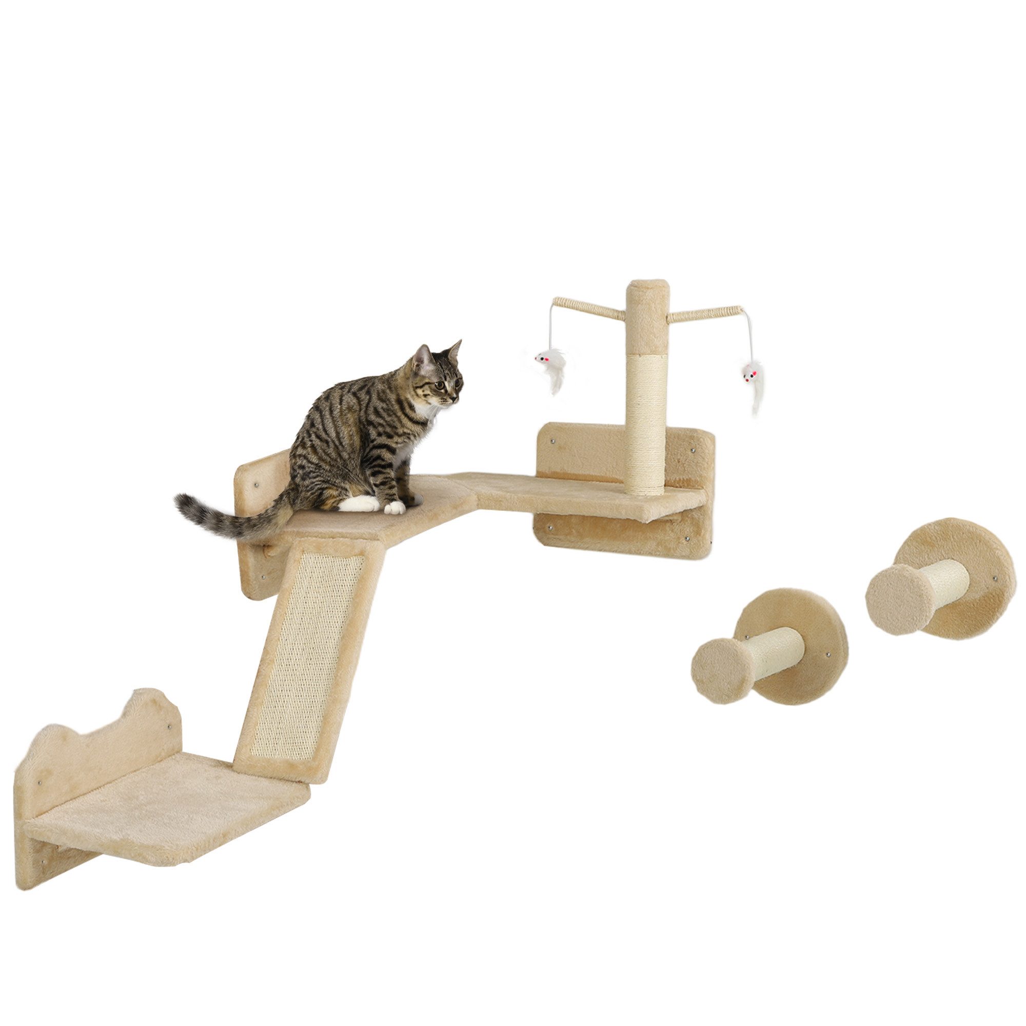 PawHut Katzen-Kletterwand 3-teilig Katzenmöbel mit Kratzbrett, Sprungplatten, Kratzstamm, für Katzen bis 5 kg, Sisal, Beige