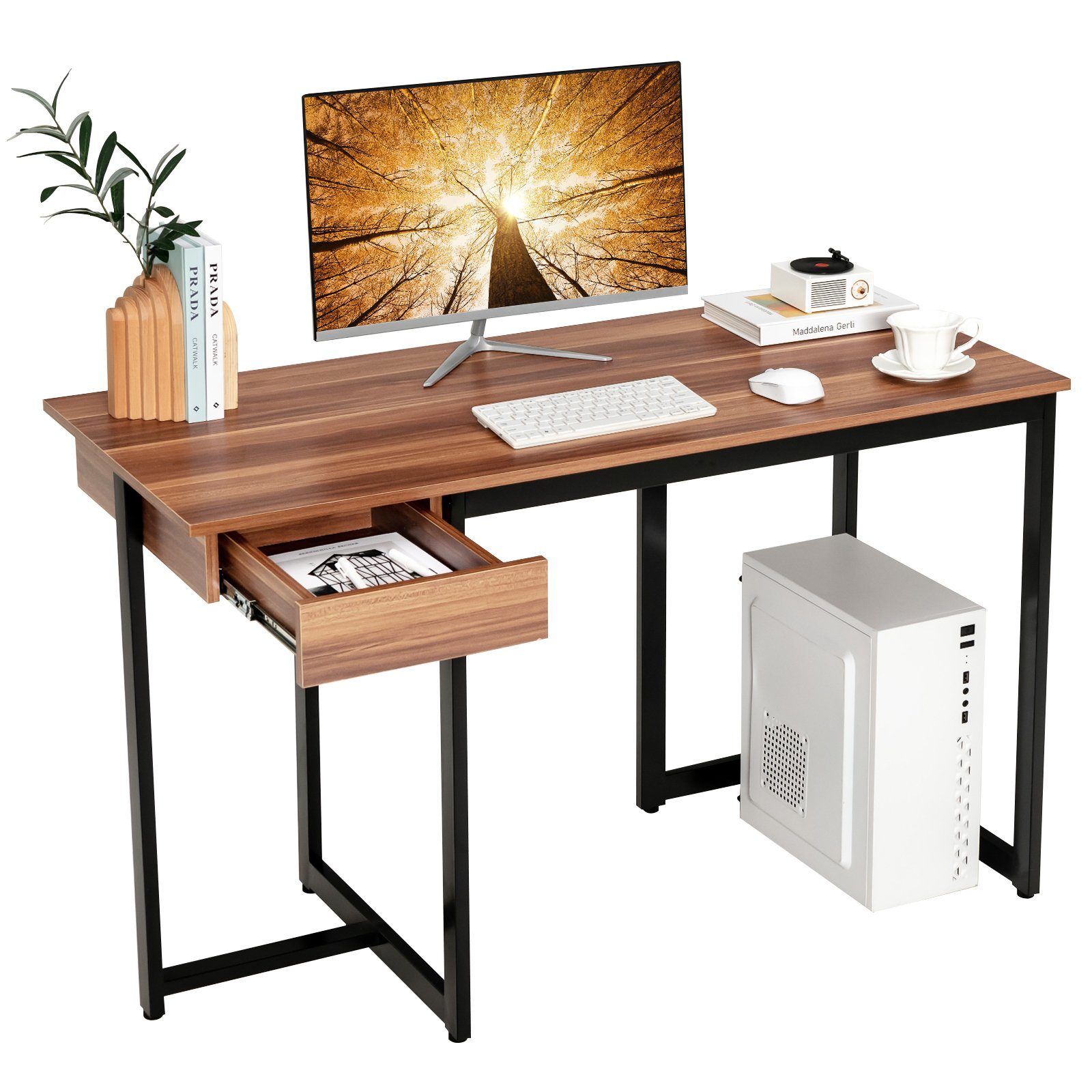 COSTWAY Schreibtisch, mit Schublade, Metallgestell, Holz, 120x55x75cm Walnuss