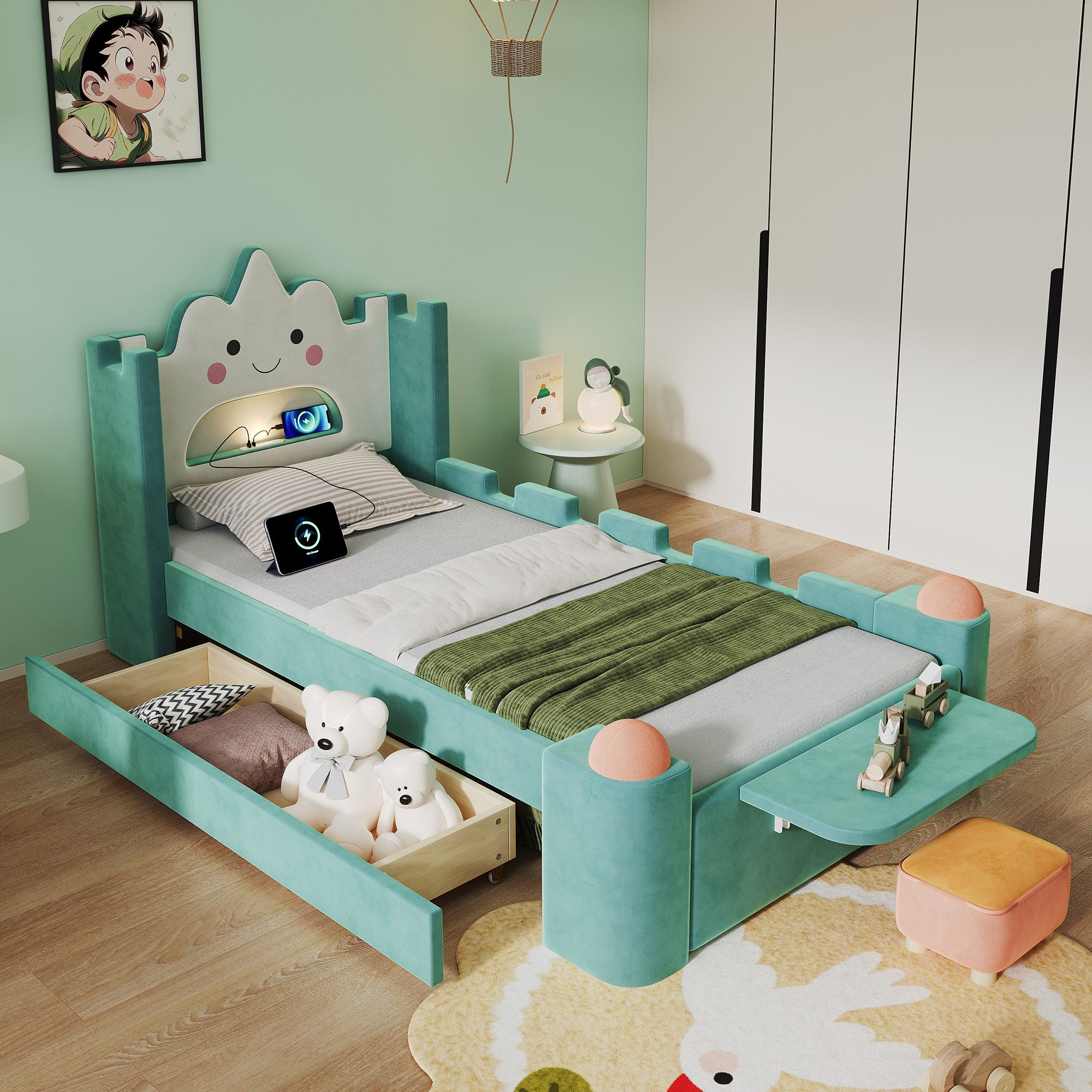 Odikalo Polsterbett Kinderbett mit klappbarer Seitenablage Schublade Ohne Matratze (Kinder Polsterbett, Einzelbett, Wolkenbett mit LED-Leselampe und USB-Anschluss, Stauraum-Schublade links/rechts montierbar, klappbare Ablage, Hocker, Fallschutz, Samtbezug, 90x200 cm)