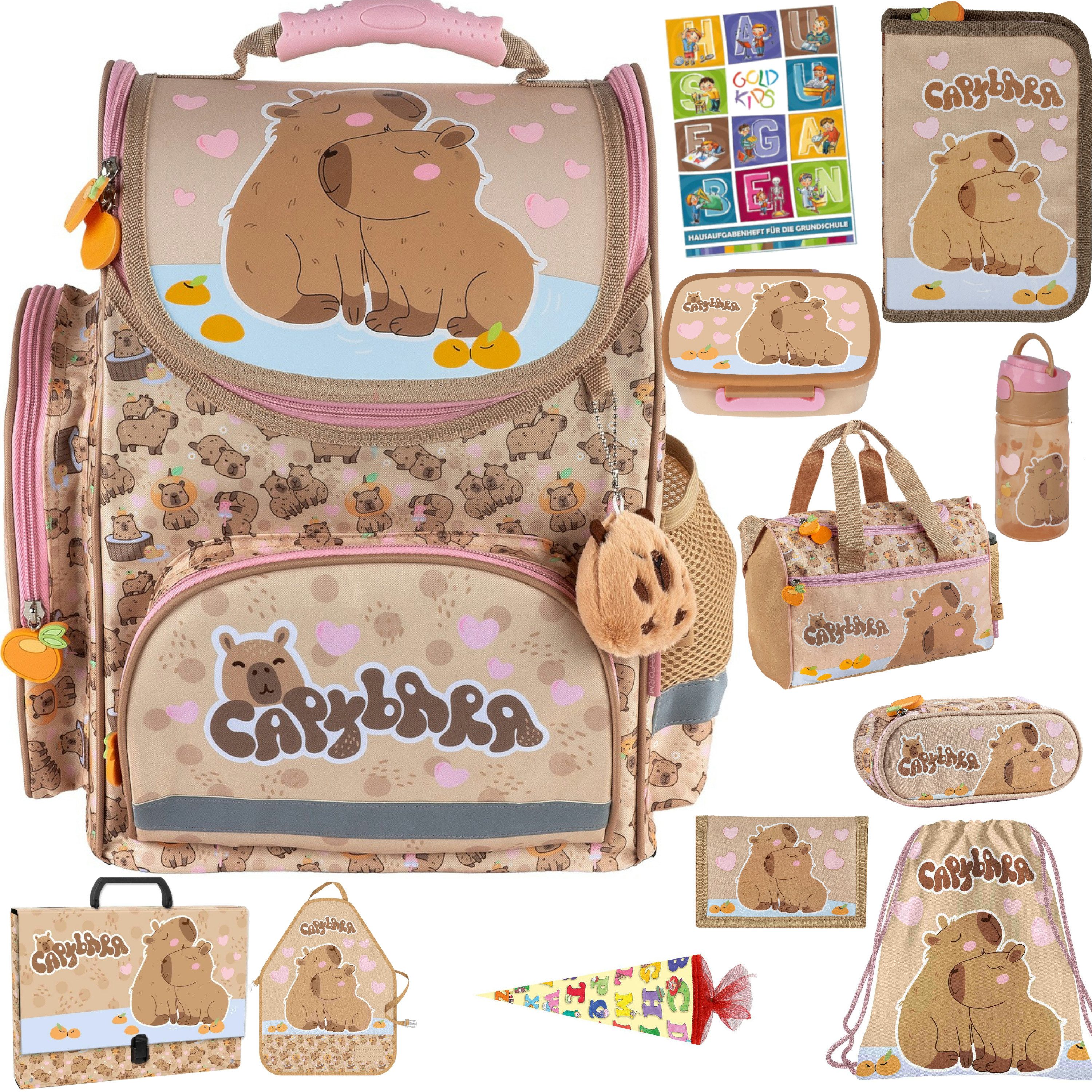 GOLDKIDS Schulranzen für Mädchen, 12er-Set - (Schul-Rucksack für Kinder mit Federmäppchen, 1-tlg., - Schuhbeutel Trinkflasche und Brotdose), - Kapibara Motiv- 1-3 Klasse