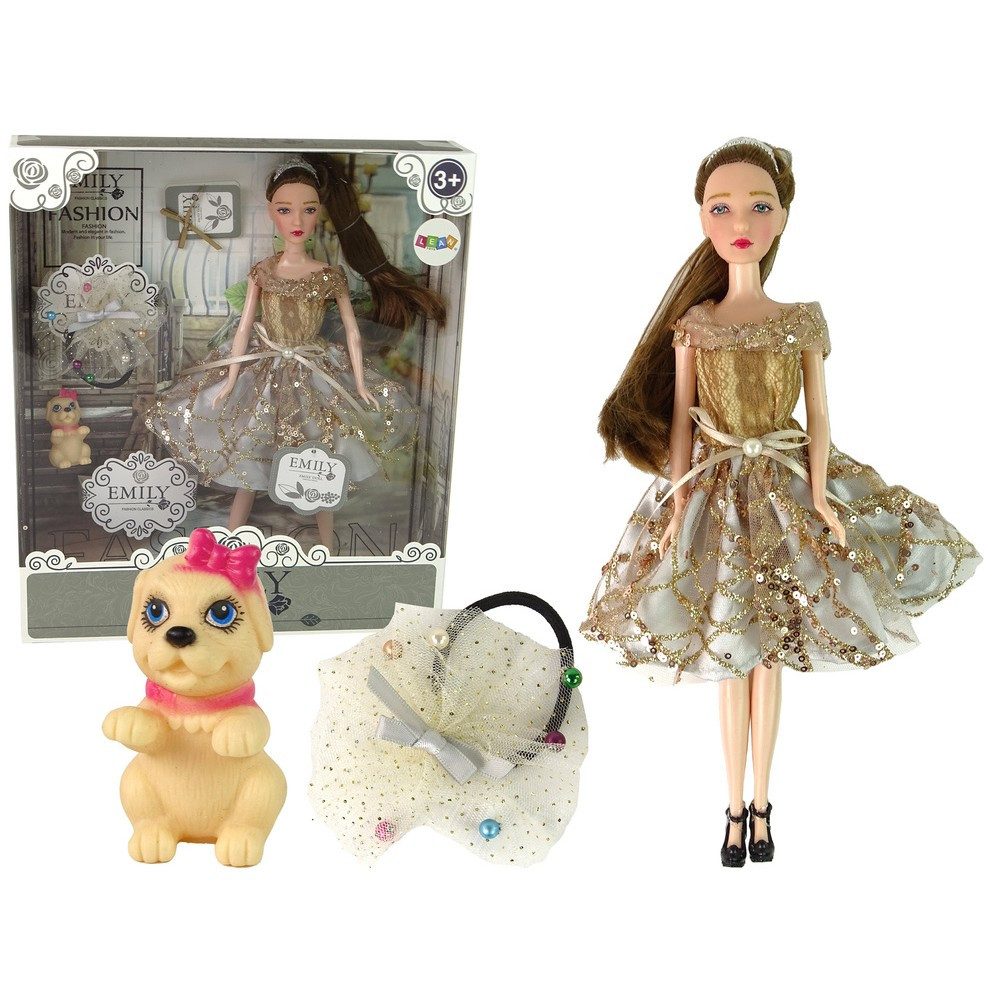 LEAN TOYS Anziehpuppe Modepuppe Spielpuppe Hundefreundin (Spar-Set, 1-tlg., 30 x 8 x 4 cm glitzernd), Puppe 30 cm, Hund, Haarband, Glitzerkleid