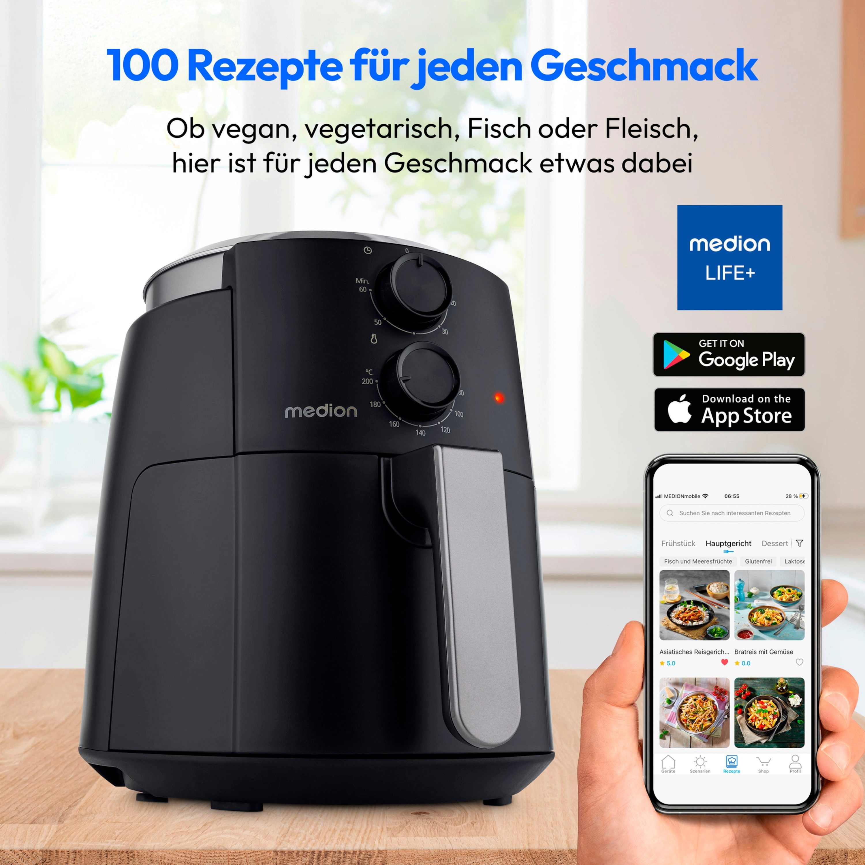 Medion® Heißluftfritteuse MD13020, 1500 W, 4,7 Liter, 1500 Watt, 60 Min Timer, Antihaft-Beschichtung, schwarz