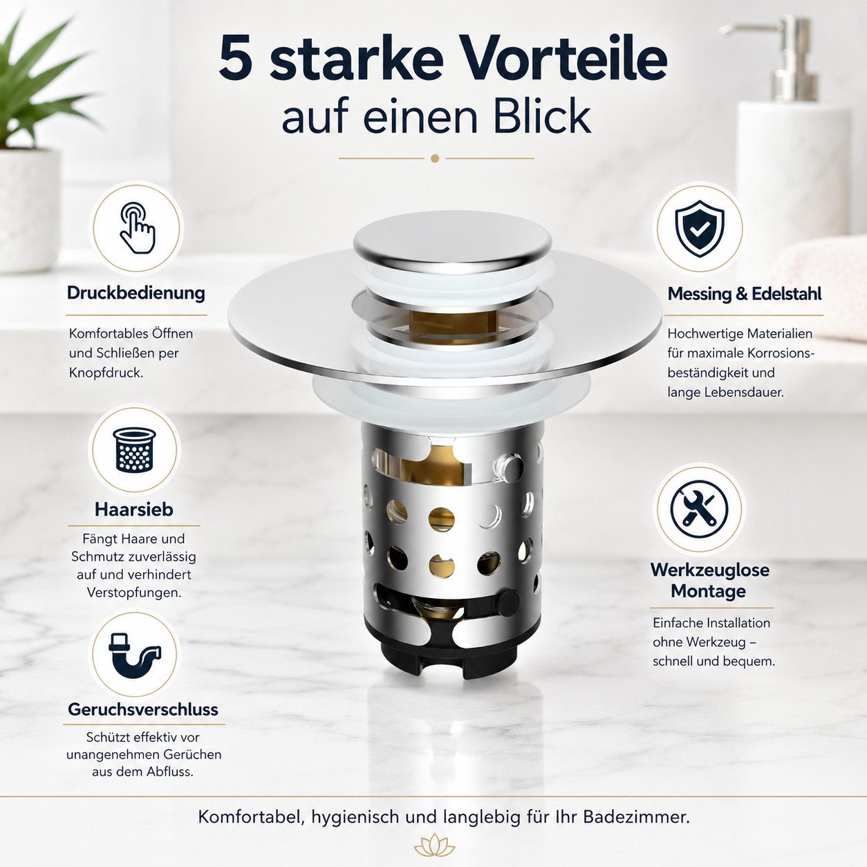 Luckice Waschbeckenstöpsel mit Abflusssieb, aus 304 Edelstahl 100% wasserdicht, (Universeller Pop Up Abflussstopfen mit Haarsieb, schnell ablaufend, für Bad, Kü – Bild 4 von 5