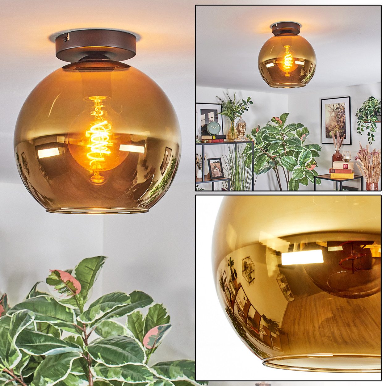 hofstein Deckenleuchte Deckenlampe aus Metall/Glas in Schwarz/Goldfarben, ohne Leuchtmittel, Deckenleuchte im modernen Vintage-Design (Schirm Ø 25 cm), E27