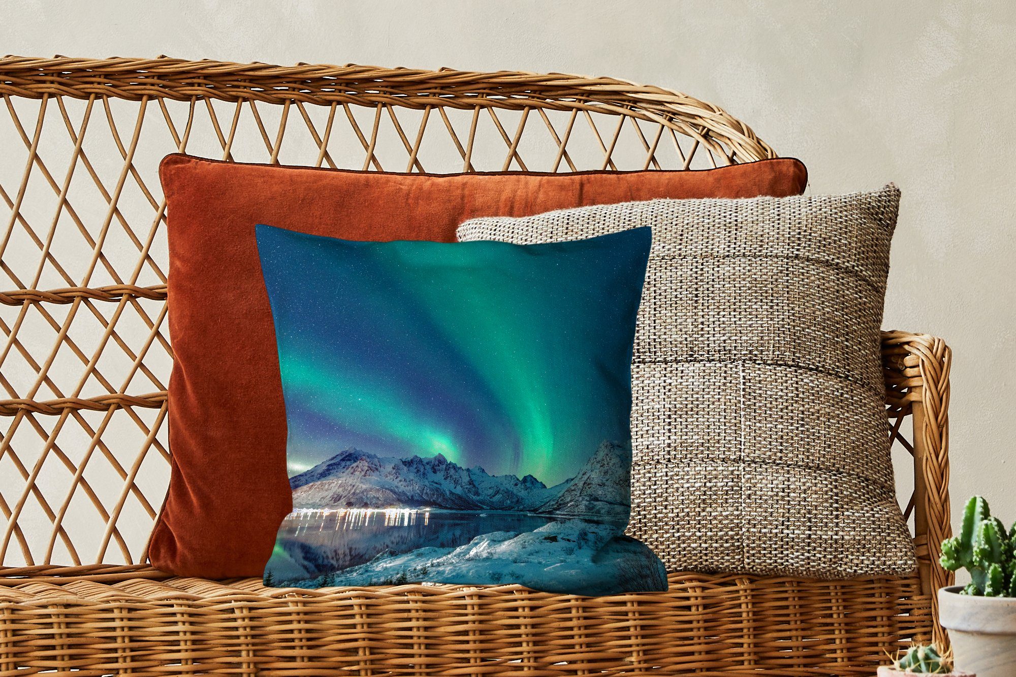 - MuchoWow mit Winter, Schnee Berg Wohzimmer, Füllung Nordlicht - Schlafzimmer, - Zierkissen Sternenhimmel Sofakissen - - Grün Deko, Dekokissen für