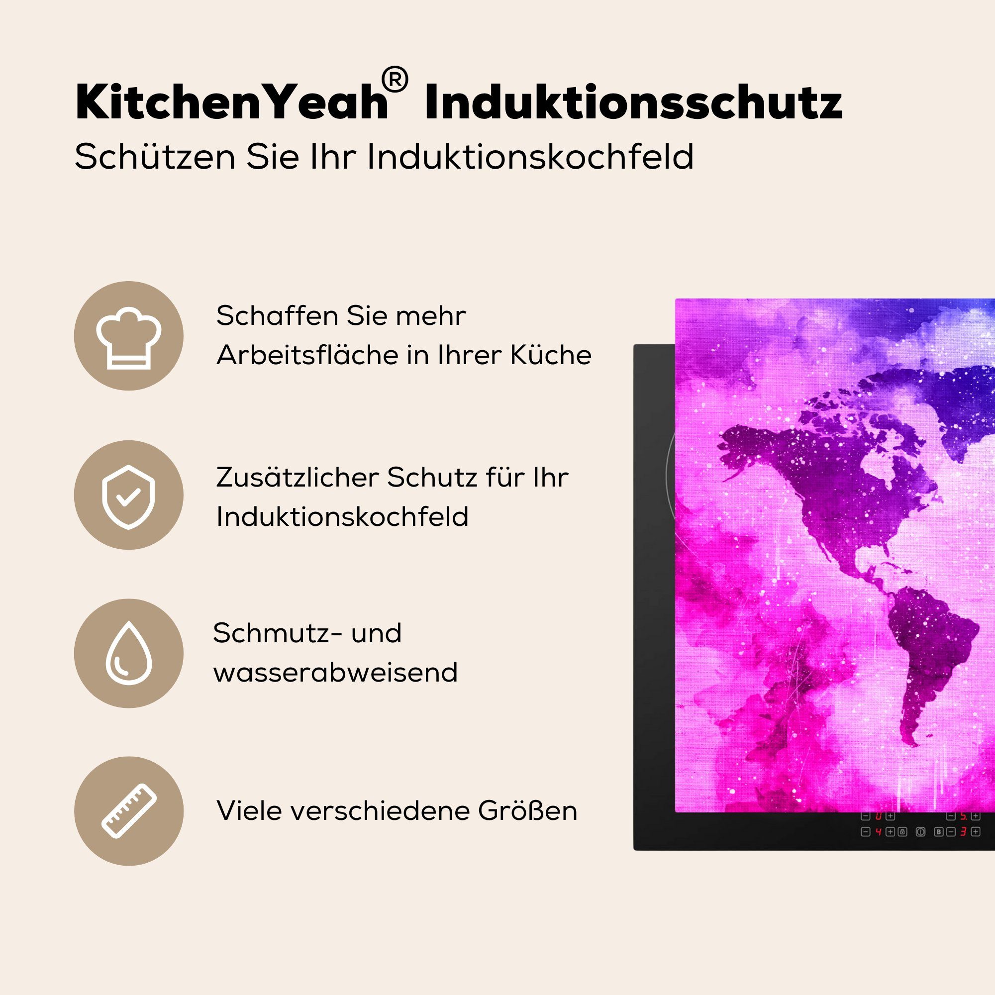 MuchoWow Herdblende-/Abdeckplatte Weltkarte für Rosa cm, - die Vinyl, Ceranfeldabdeckung - Induktionskochfeld Schutz Lila, (1 küche, tlg), 81x52