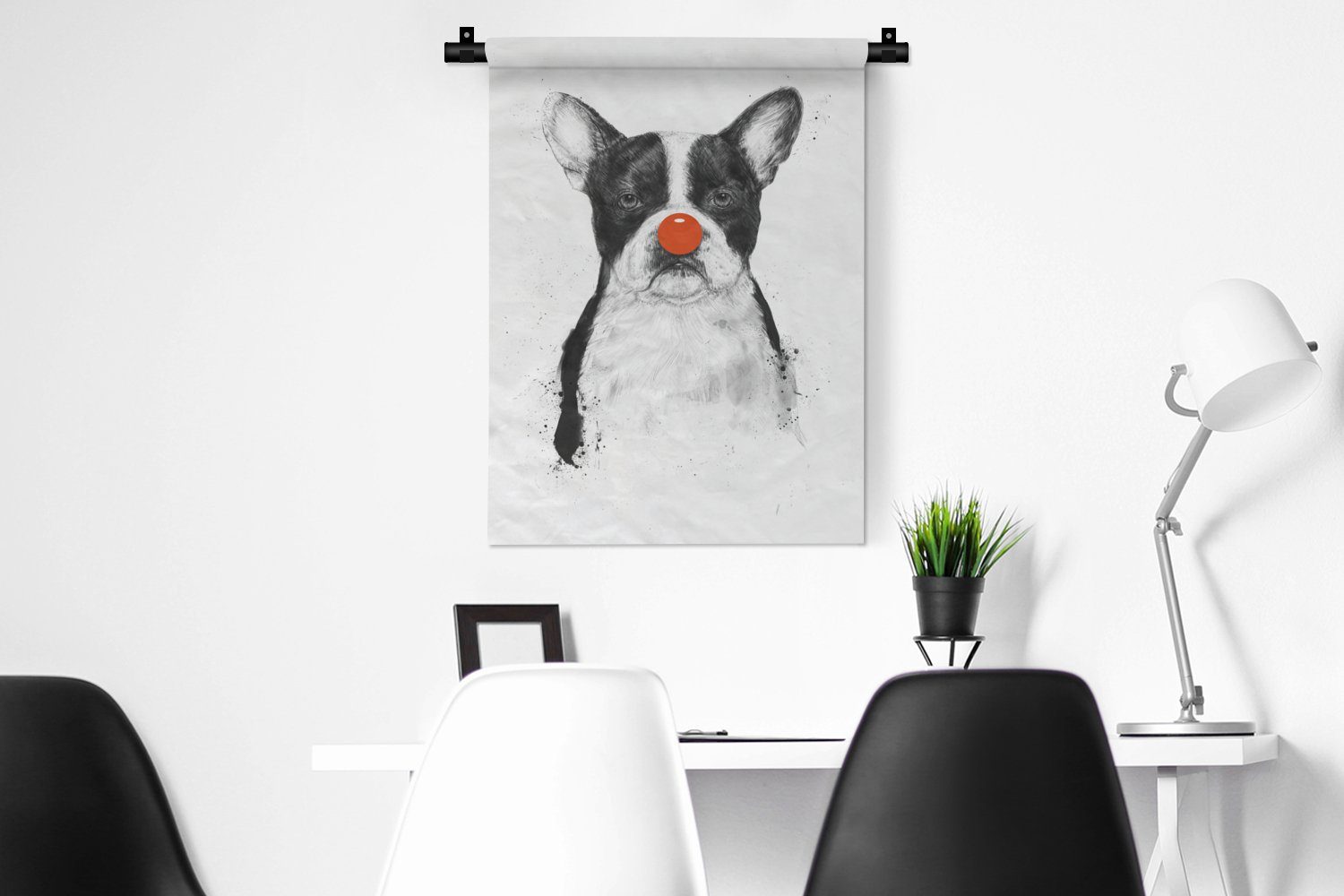 Tapisserie, Wanddekoobjekt Hund MuchoWow Deko Clown, Schlafzimmer - Wand, - Wohnzimmer, der an Rot - Nase für
