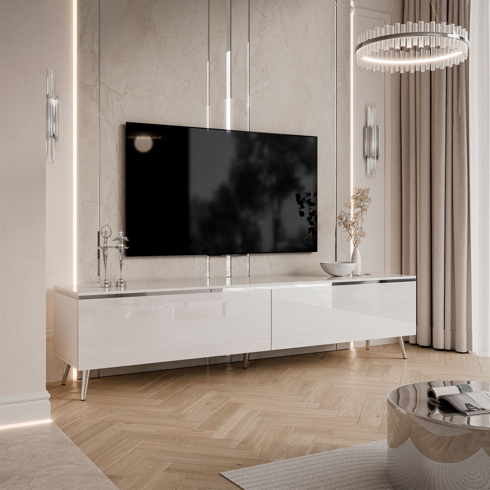 Lookway TV-Schrank AURORA SILVER auf Beinen und LED Beluchtung Breite: 180 cm