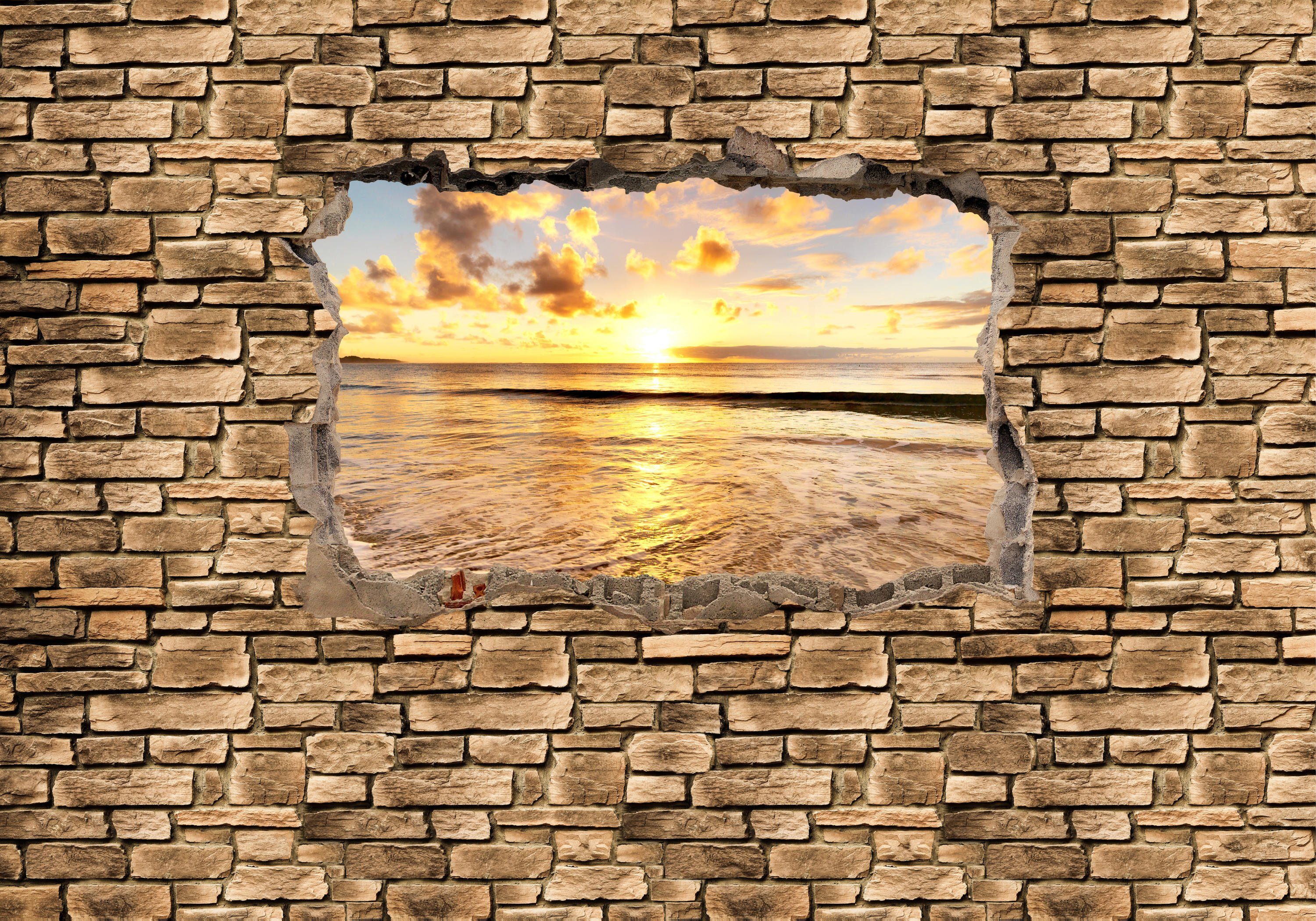 wandmotiv24 Fototapete 3D Sonnenuntergang am Meer - Steinmauer, glatt, Wandtapete, Motivtapete, matt, Vliestapete