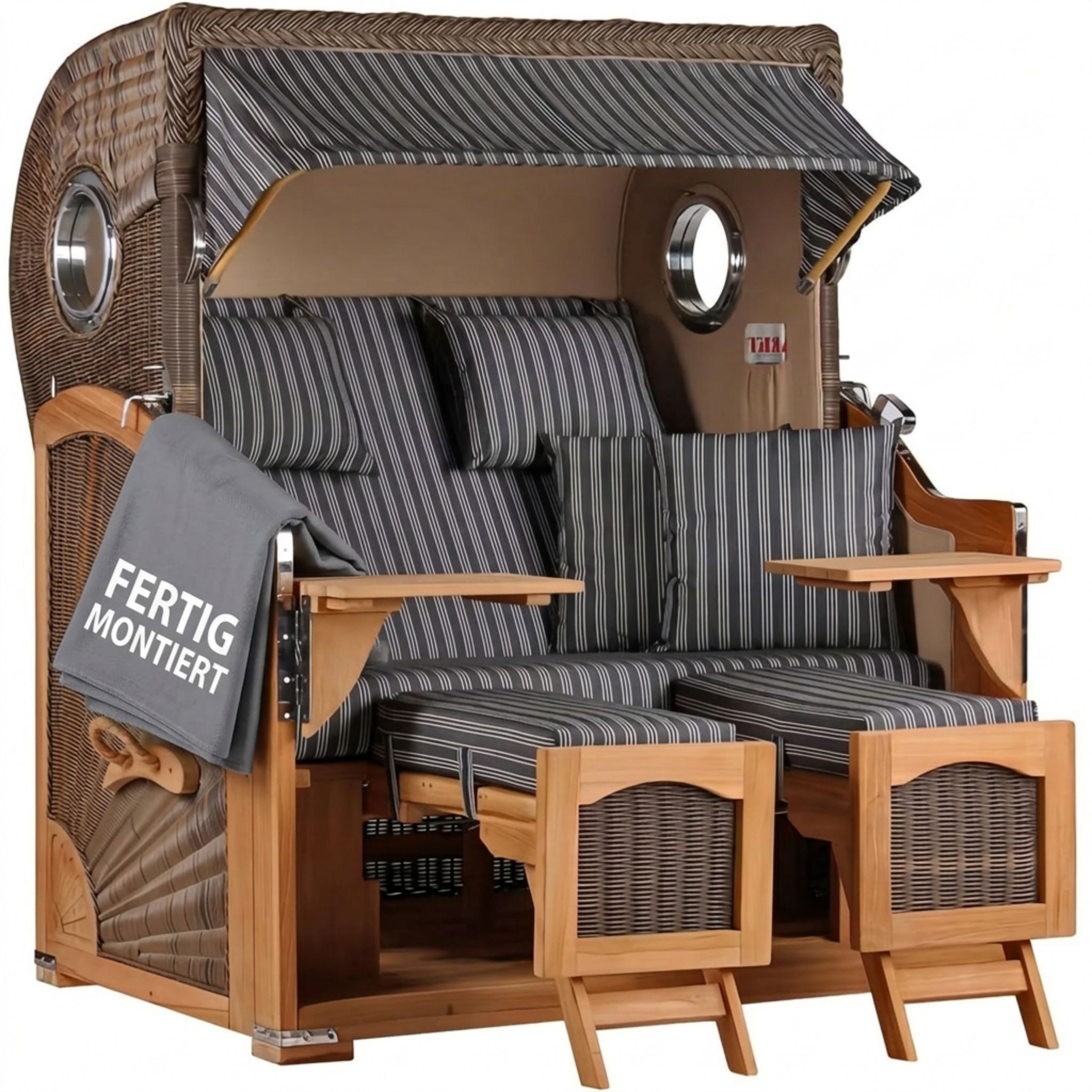 MR.DEKO Strandkorb Düne 2-Sitzer Teak Bullauge wetterfest PE-Geflecht grey, BxTxH: 125x80x170 cm, Düne, Düne, (Fertig montierter Strandkorb für Garten, Terrasse & Balkon), Wetterfester Volllieger mit Edelstahlbeschlägen & waschbaren Polstern