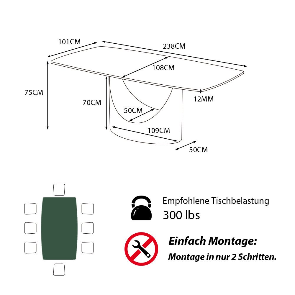 POVISON Esstisch mit U-Form Beine, Esszimmertisch aus Sinterstein, rechteckig (1-St., ohne Stühle), Moderne Esstisch für 8-10 Personen