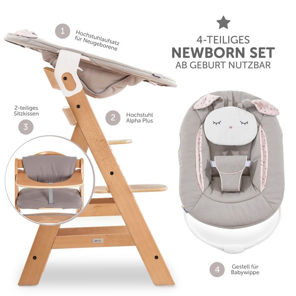 Natur Neugeborene Alpha Babystuhl Aufsatz Holz Powder Newborn 4 St), Plus Hauck (Set, Bunny Hochstuhl & Geburt Set Sitzauflage inkl. ab für