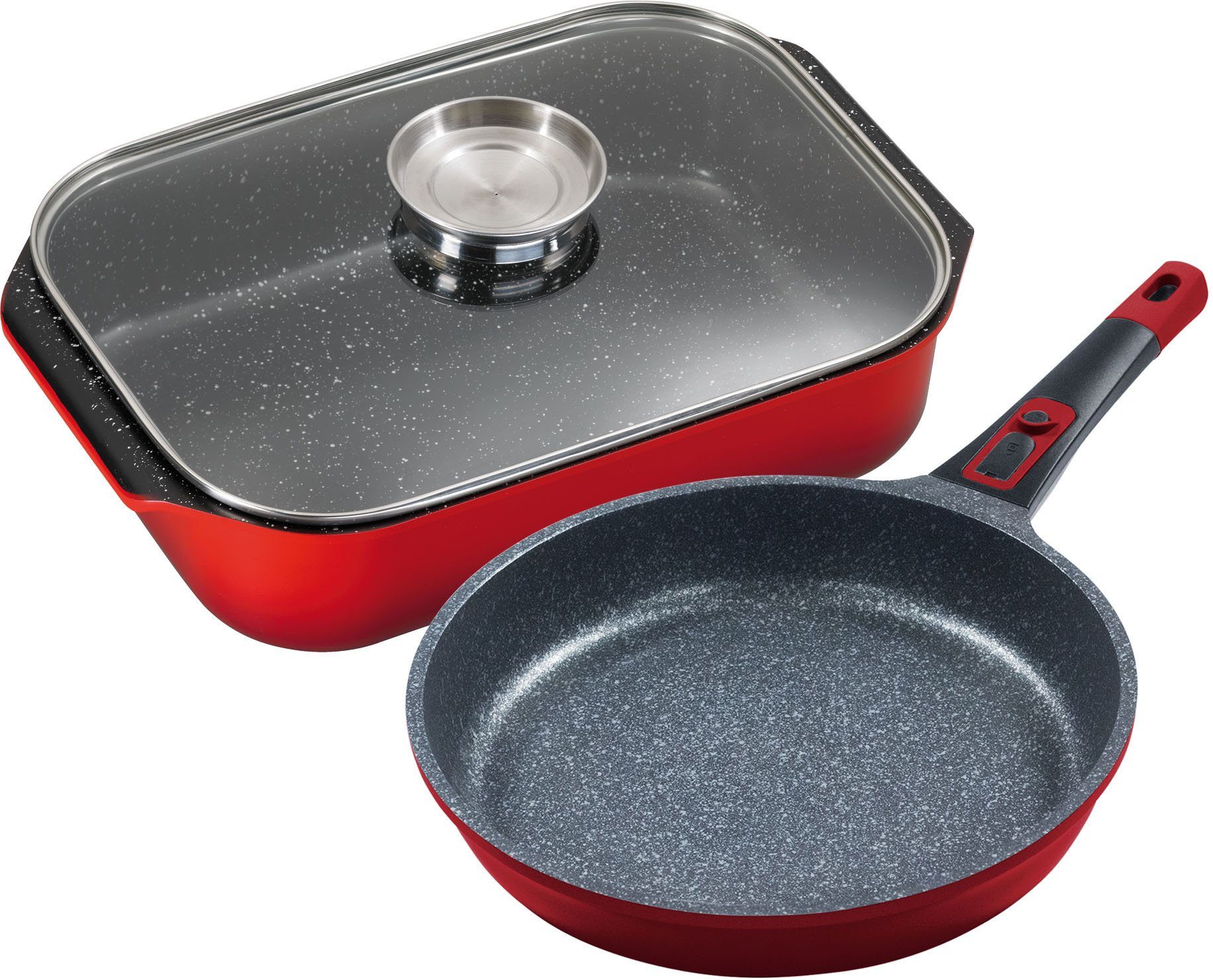 KING Bräter, Aluminiumguss (Set, 3-tlg), Bräter-/Schmortopf+Glasdeckel,Keramikbeschichtung»Fusion«,PfanneØ20 cm