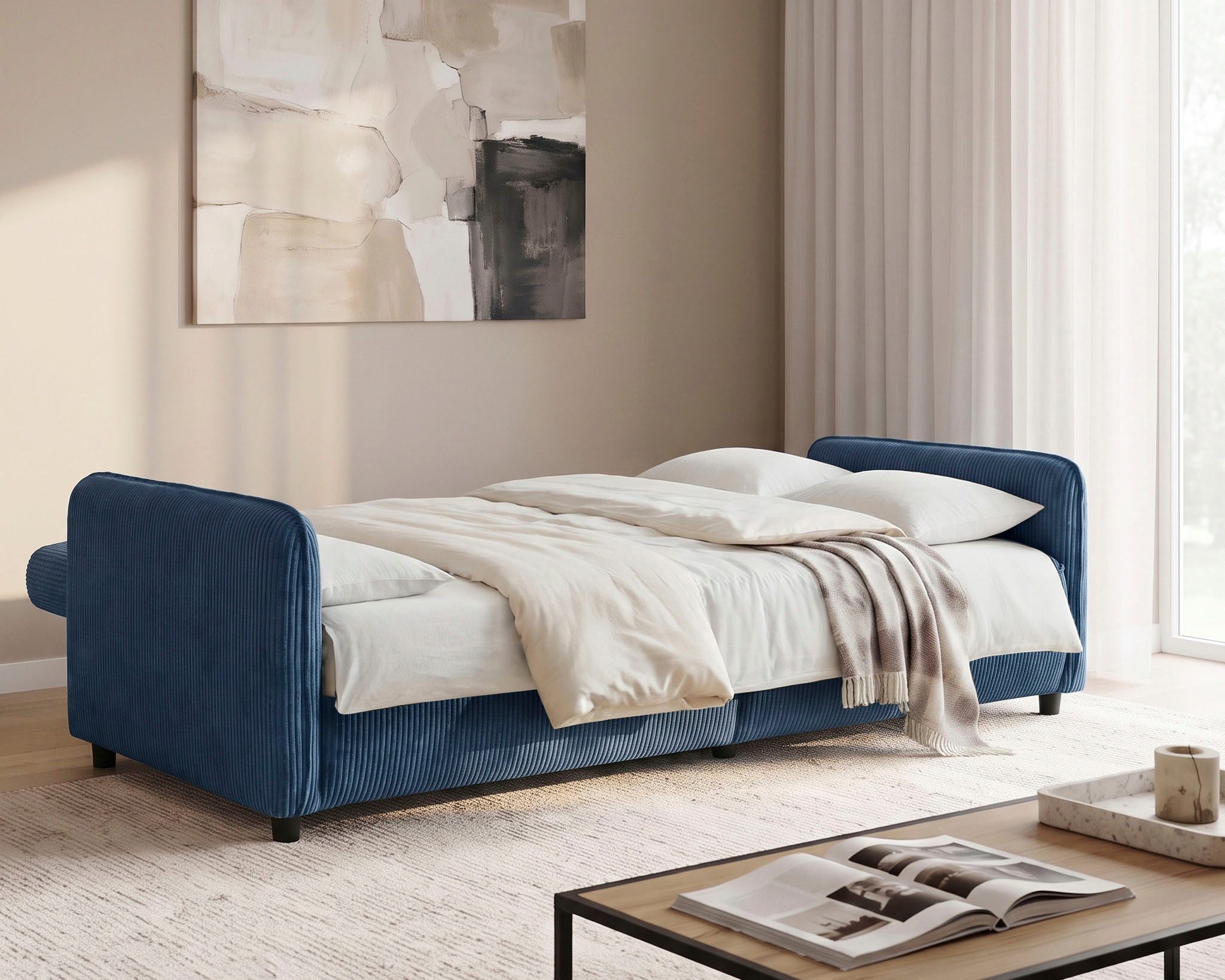 Dorel Home 3-Sitzer Allie Curved Schlafsofa 209 cm, Bettfunktion (110/190), verstellbare Rückenlehne, Cord u. Velours – Bild 4 von 5