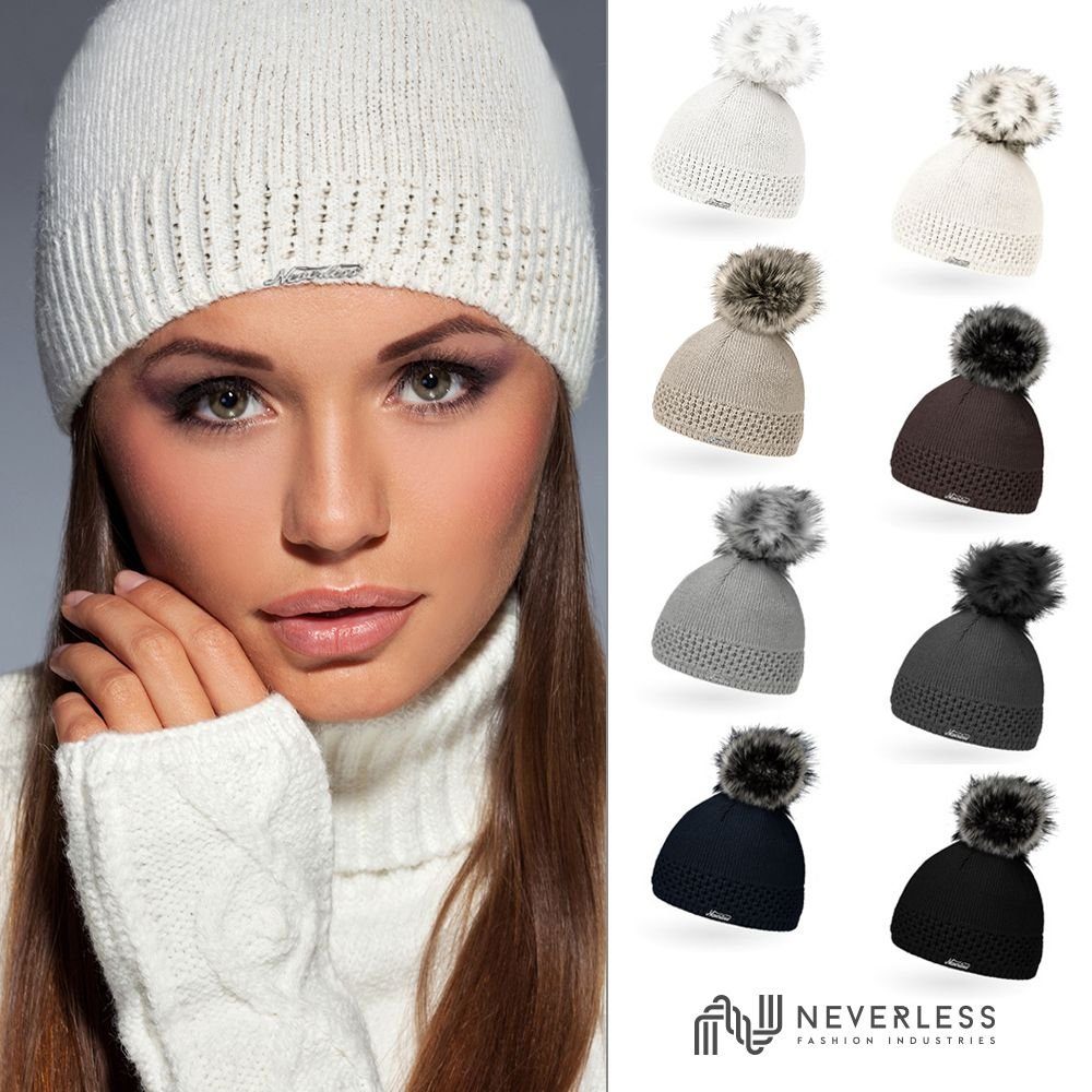 Neverless Bommelmütze Damen Strickmütze gefüttertert Fell-Bommel Kunstfell Winter-Mütze