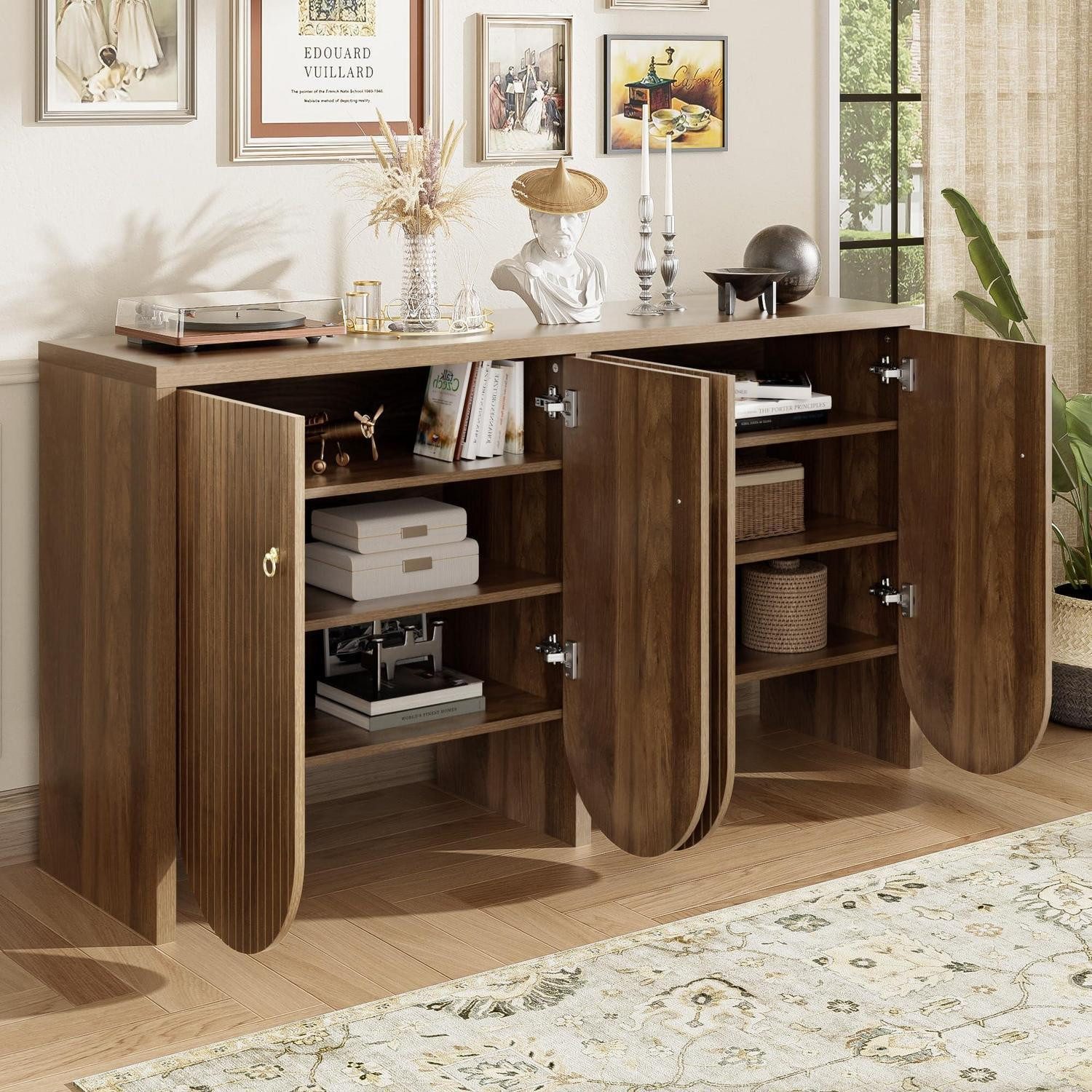 LuxusKollektion Sideboard Sideboard 2 Schubladen Regale Walnussoptik Wohnzimmer Holz(147x40x80) (1 St)