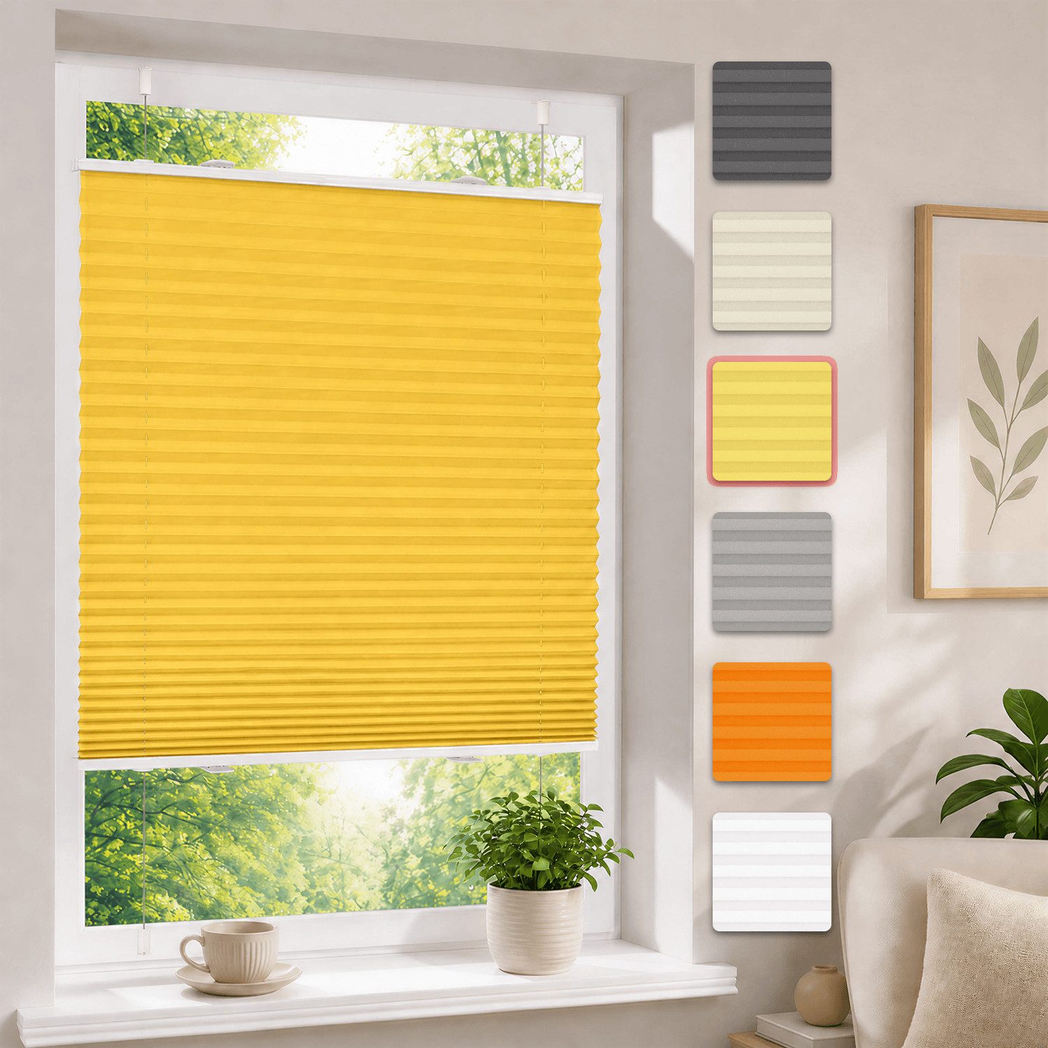 OUBO Plissee Faltrollo Ohne Bohren, Lichtschutz, Klemmträger,Easyfix, Lichtschutz, verspannt, Klemmfix, Jalousie für Fenster & Tür
