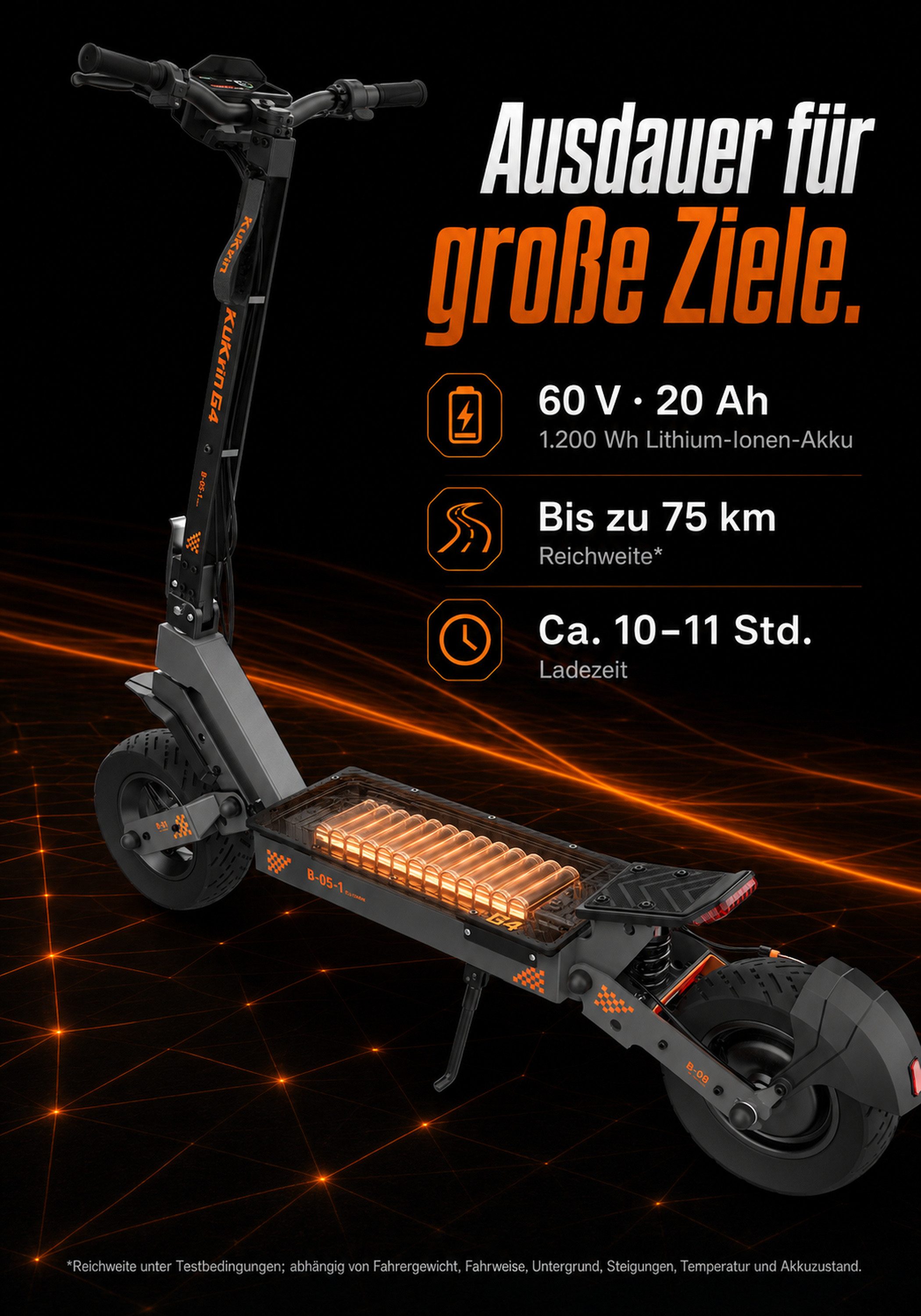 Vankel E-Scooter KuKirin G4 EScooter 2000W 60V 20Ah 75km 70km/h 11 Zoll mit Sitz, Dualfederung LED Display Scheibenbremse IP54 2400W max. Leistung – Bild 5 von 5