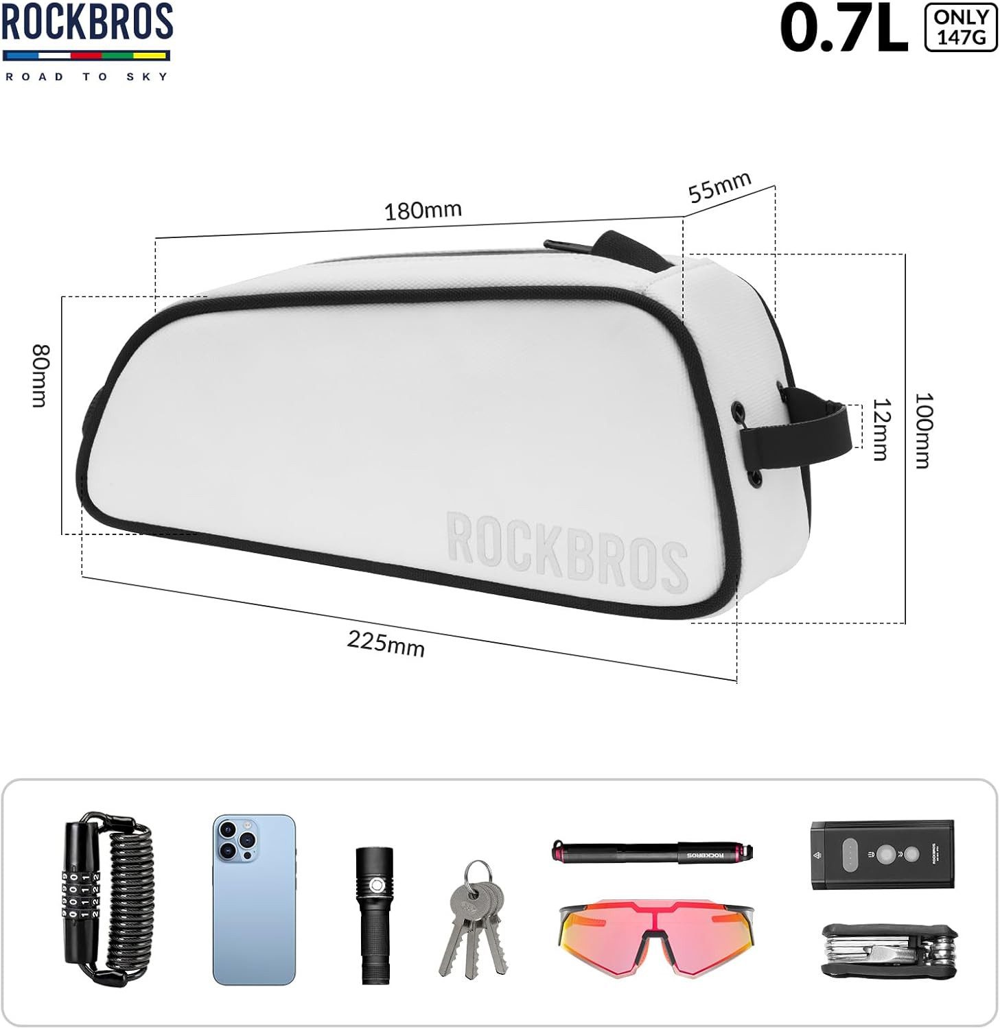 ROCKBROS Rahmentasche Wasserdichte reflektierende 0,7L Fahrradtasche für MTB/Rennrad Weiß