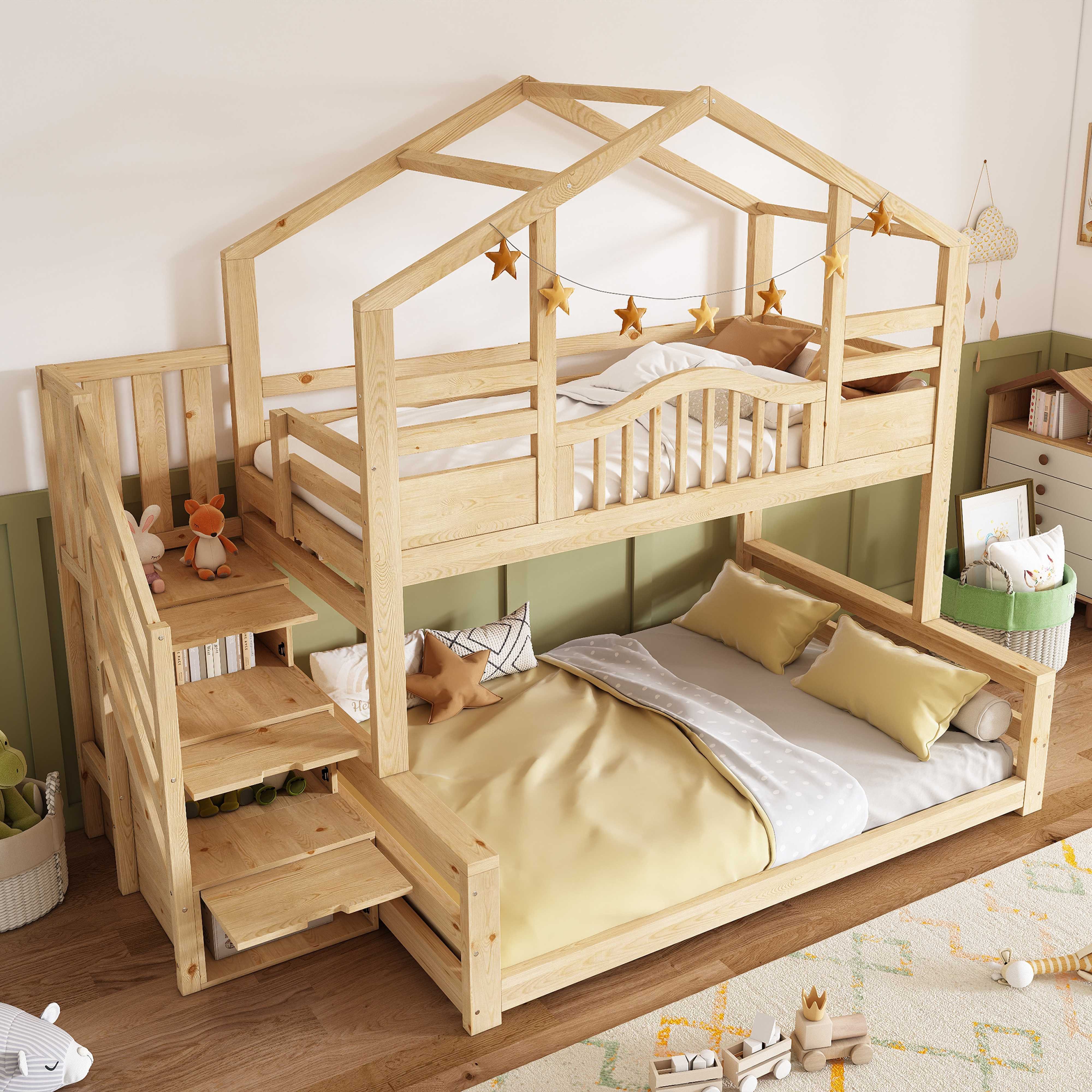 BlingBin Etagenbett Hausbett Kinderbett (Hausbett-Design, 90x200 & 140x200 cm, 1-St., Kinder Hochbett mit Treppe und Stauraum aus Massivholz), Familienbett für Kinder & Eltern, Natur, inkl. Lattenrost