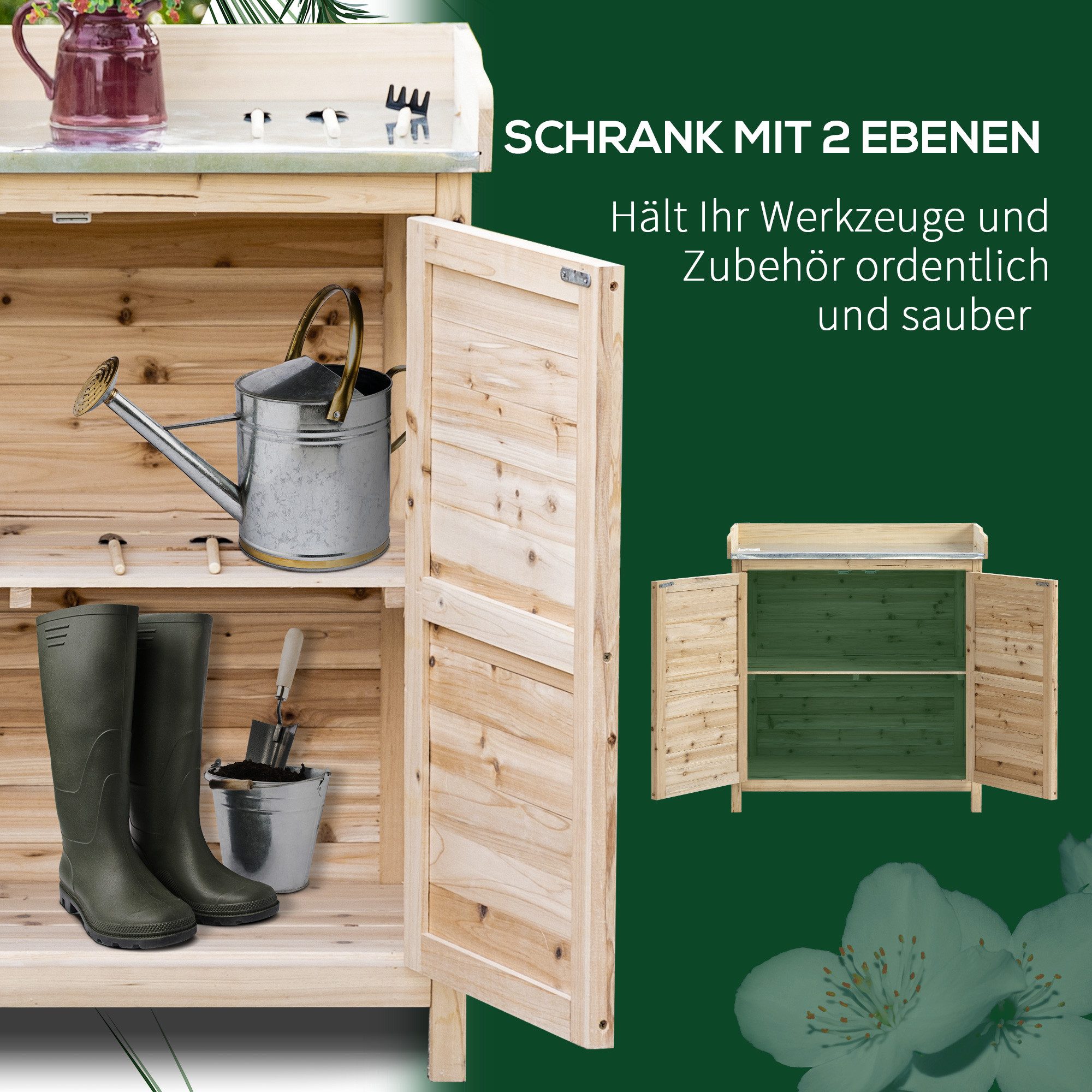 CHICFURN Geräteschrank 83x40x92 cm aus Holz mit Pflanztisch & Unterschrank (Packung, 1-St., Geräteschrank mit 2 Einlegeböden in Natur) Praktischer Geräteschuppen für Gartenutensilien