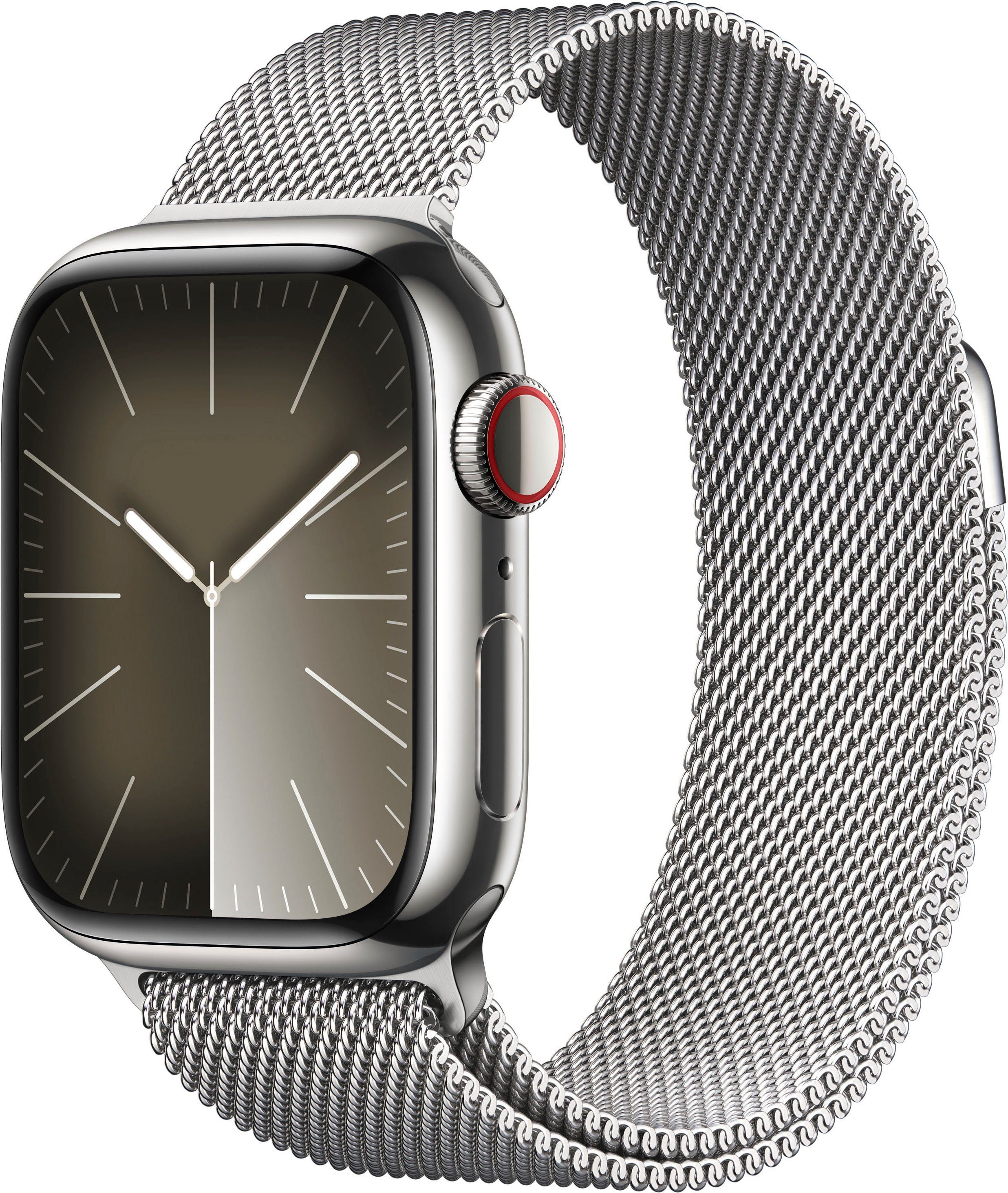 Apple Watch Series 9 GPS + Cellular 41mm Edelstahl Smartwatch (4,1 cm/1,61 Zoll, Watch OS 10), Milanese Loop Silber | Silber