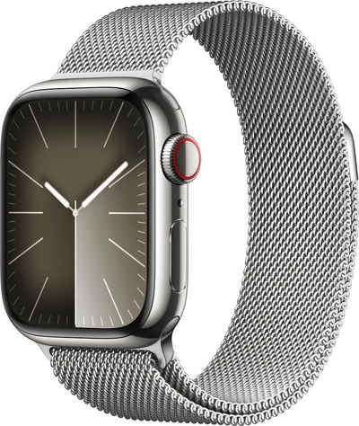 Apple Watch Series 9 GPS + Cellular 41mm Edelstahl One-Size Smartwatch (4,1 cm/1,61 Zoll, Watch OS 10), Milanese Loop