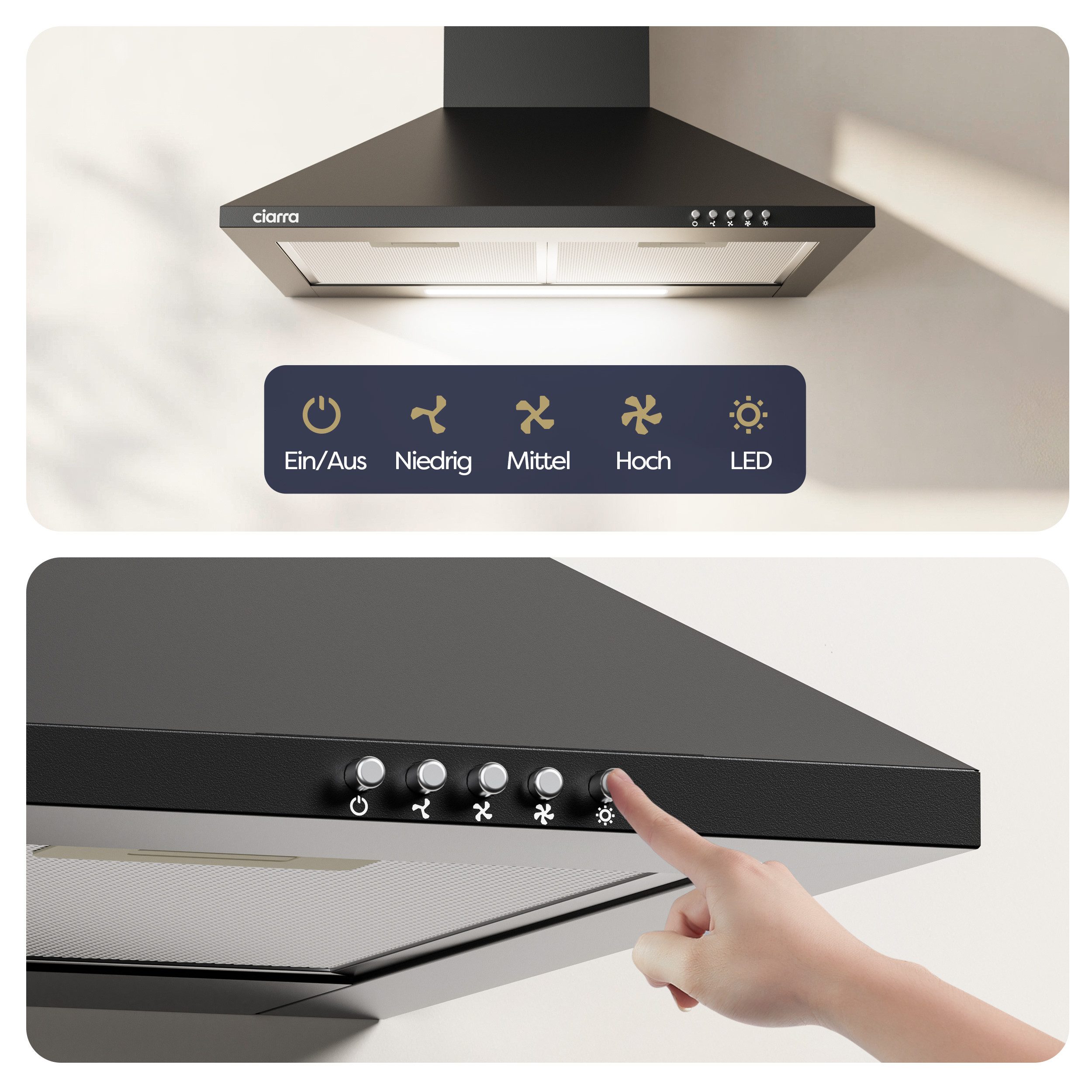 CIARRA Wandhaube 60 cm & 90 cm Dunstabzugshaube A++ 406 m³/h Umluft & Abluft 3 Stufen Serie CBCB6201 Dunstabzugshaube 60 cm 404 m³/h A++ Umluft & Abluft 3 Stufe – Bild 5 von 5