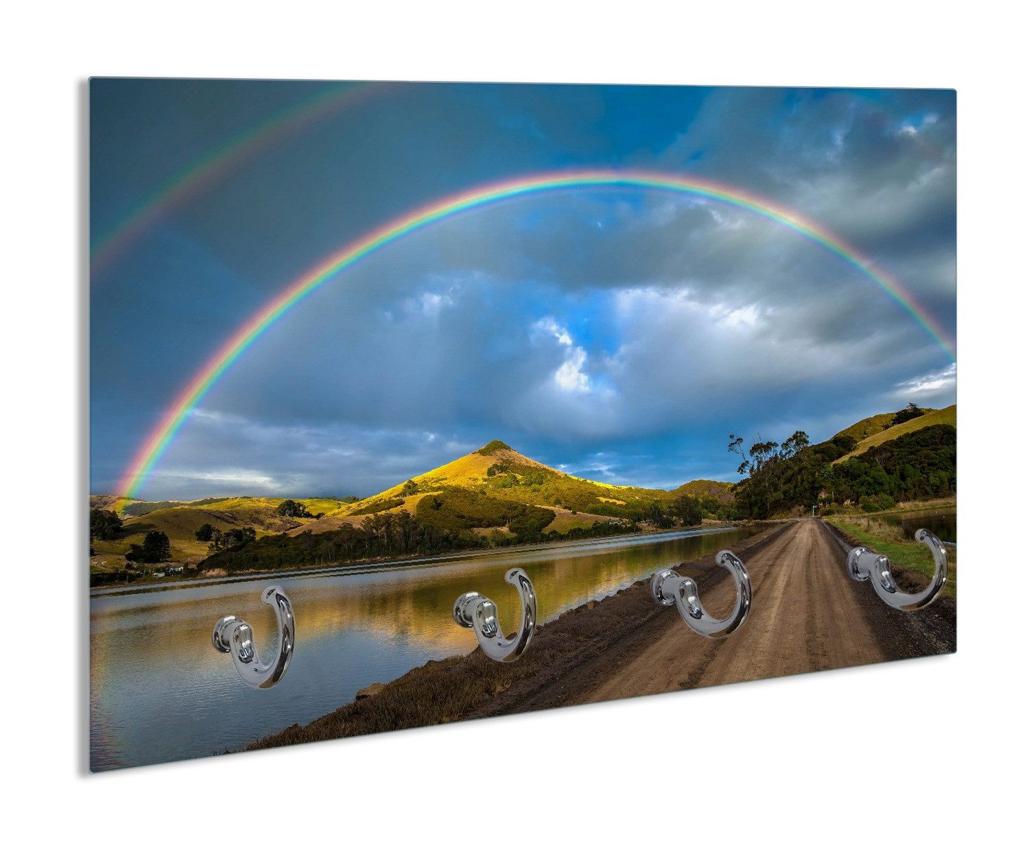 Wallario Handtuchhalter Regenbogen über Hügel, aus Glas mit 4 Metallhaken